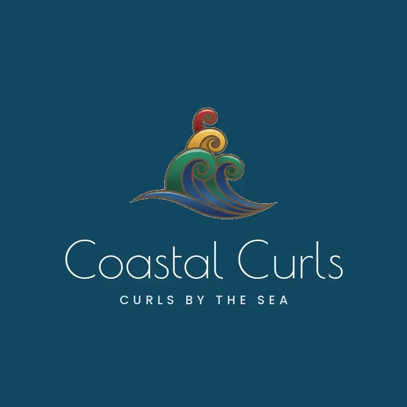 The salon name Coastal Curls as a branded logo in a deco style