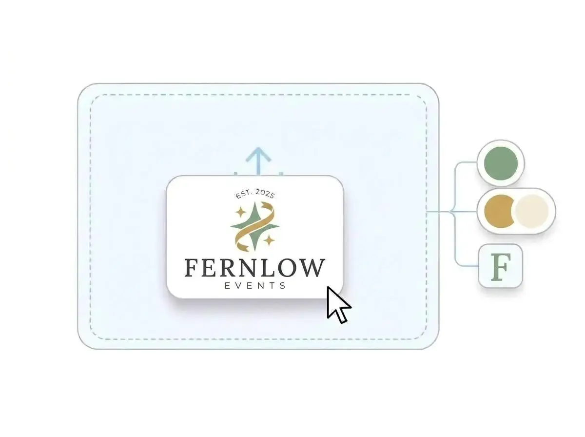 Fernlow Events logo dropped into the LOGO.com upload box, with its sage green and gold sparkle and ribbon mark and its gold and cream colors picked out