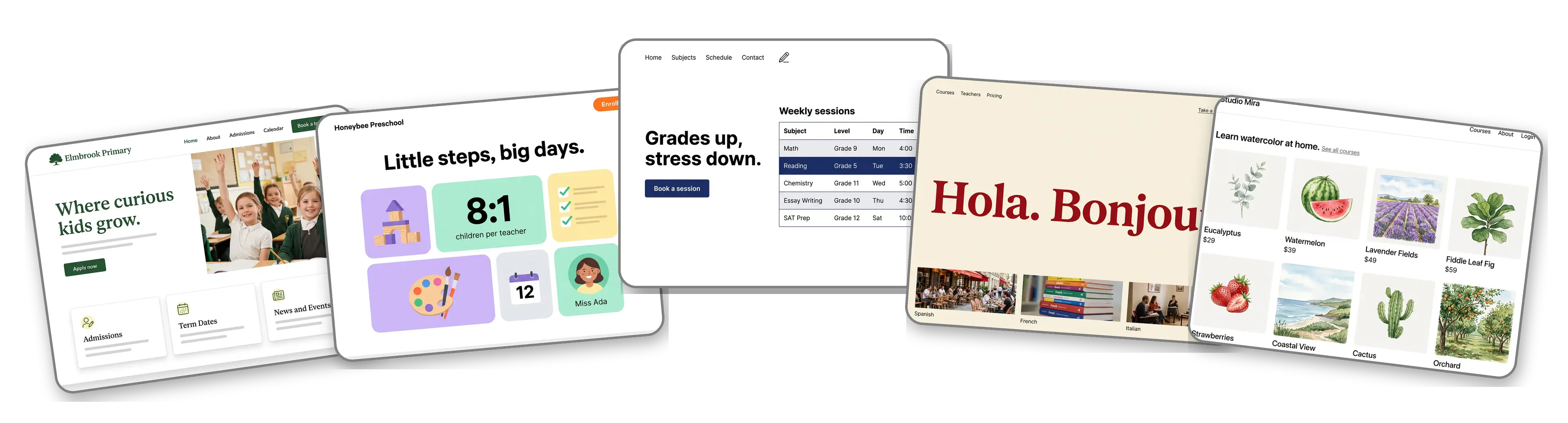 Five education websites built with LOGO.com from a logo upload: a primary school, a preschool, a tutoring center, a language school and a teacher's online course