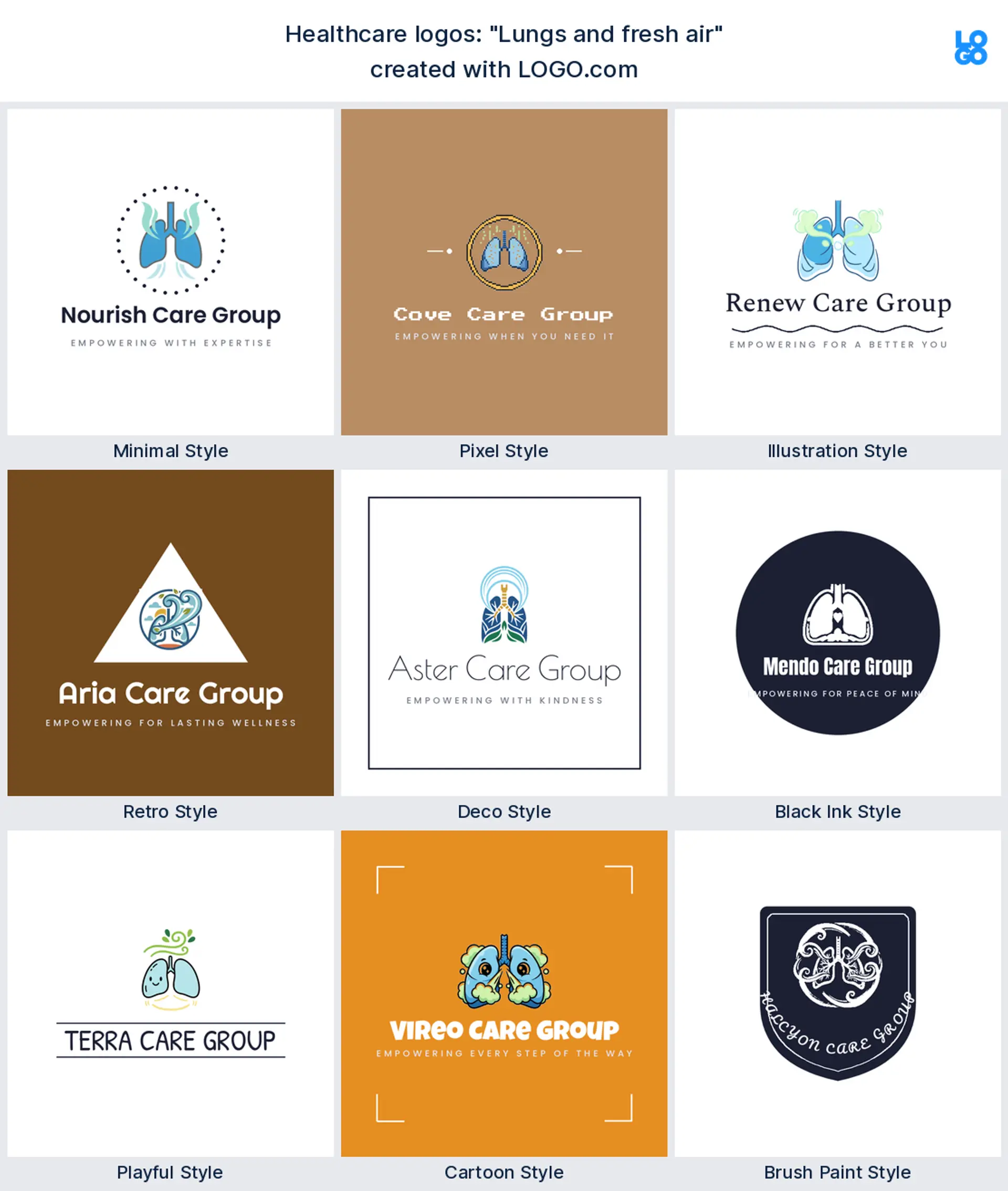 The "Lungs and fresh air" healthcare logo idea shown across nine LOGO.com styles