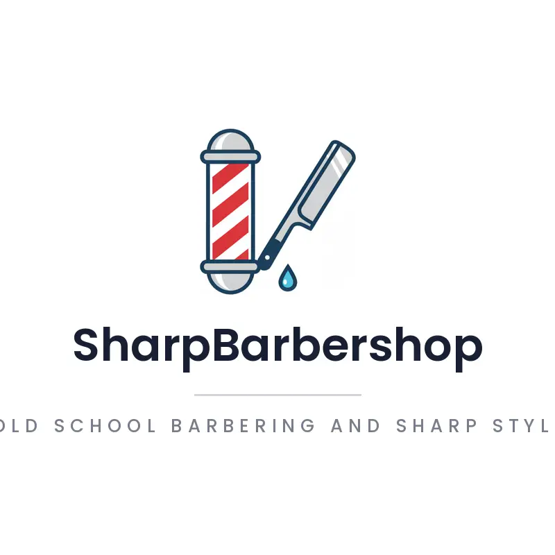 A minimal barber pole and straight razor logo on a white background.