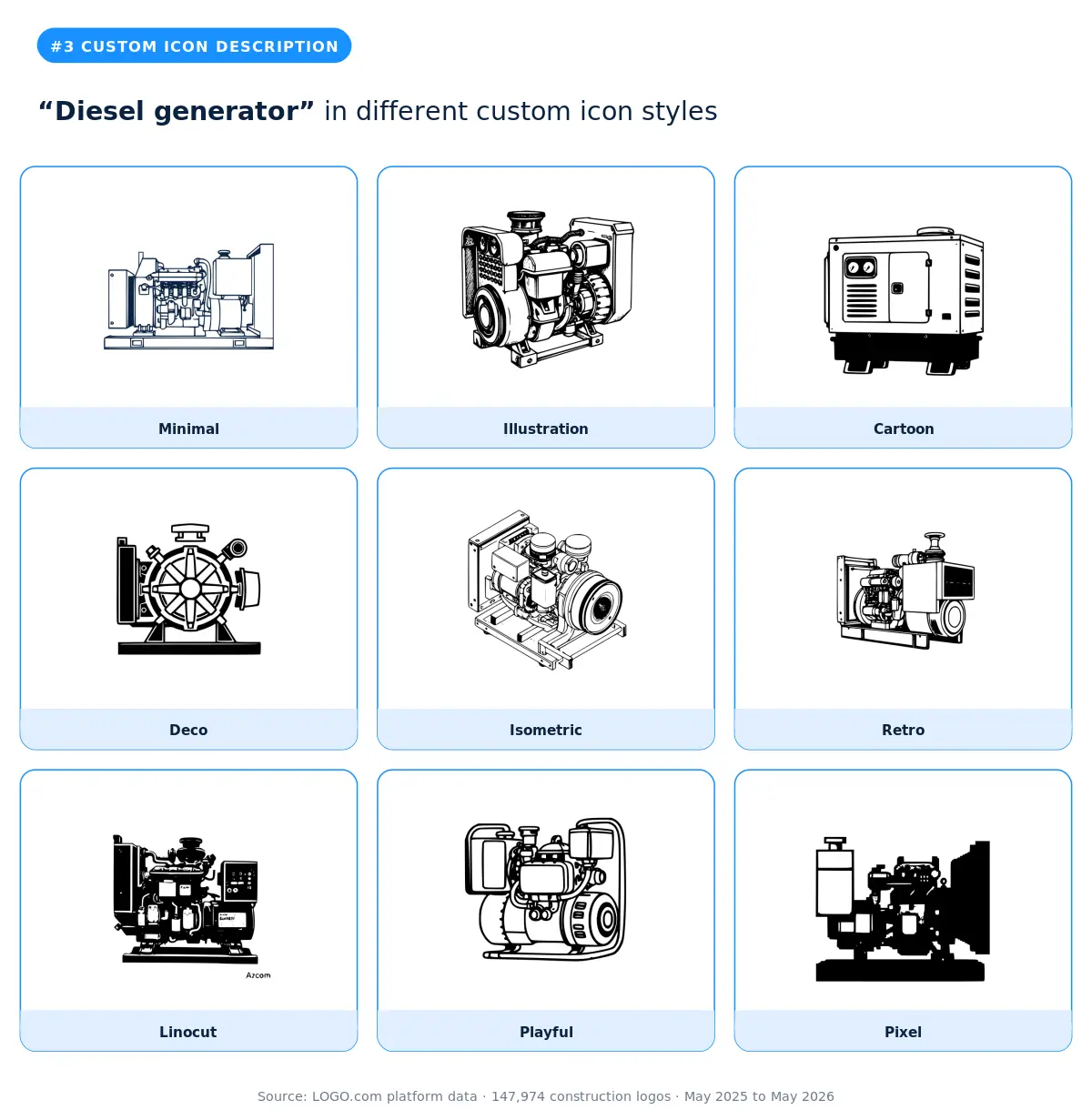 "Diesel generator" custom construction logo symbol in nine styles