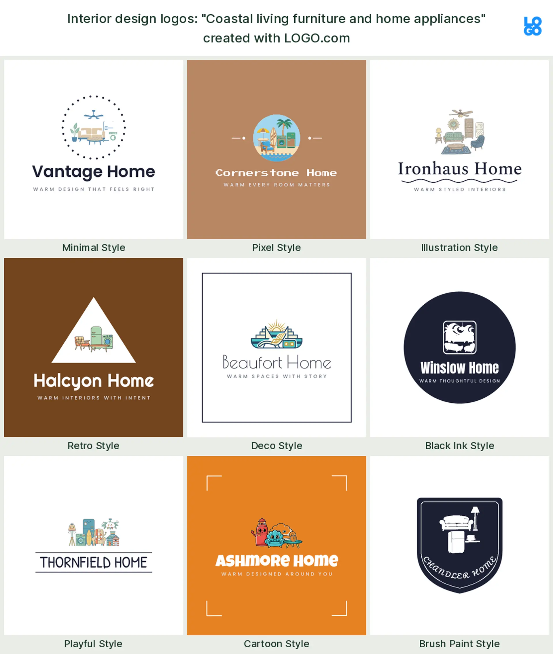 The "Coastal living furniture and home appliances" interior design logo idea, shown across nine styles on LOGO.com