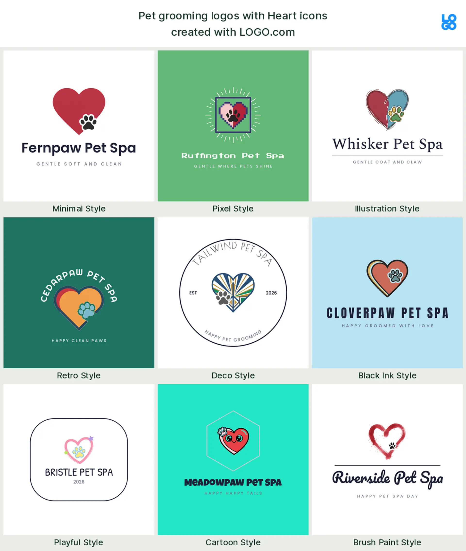 Heart, a popular pet grooming logo symbol, shown across nine styles on LOGO.com