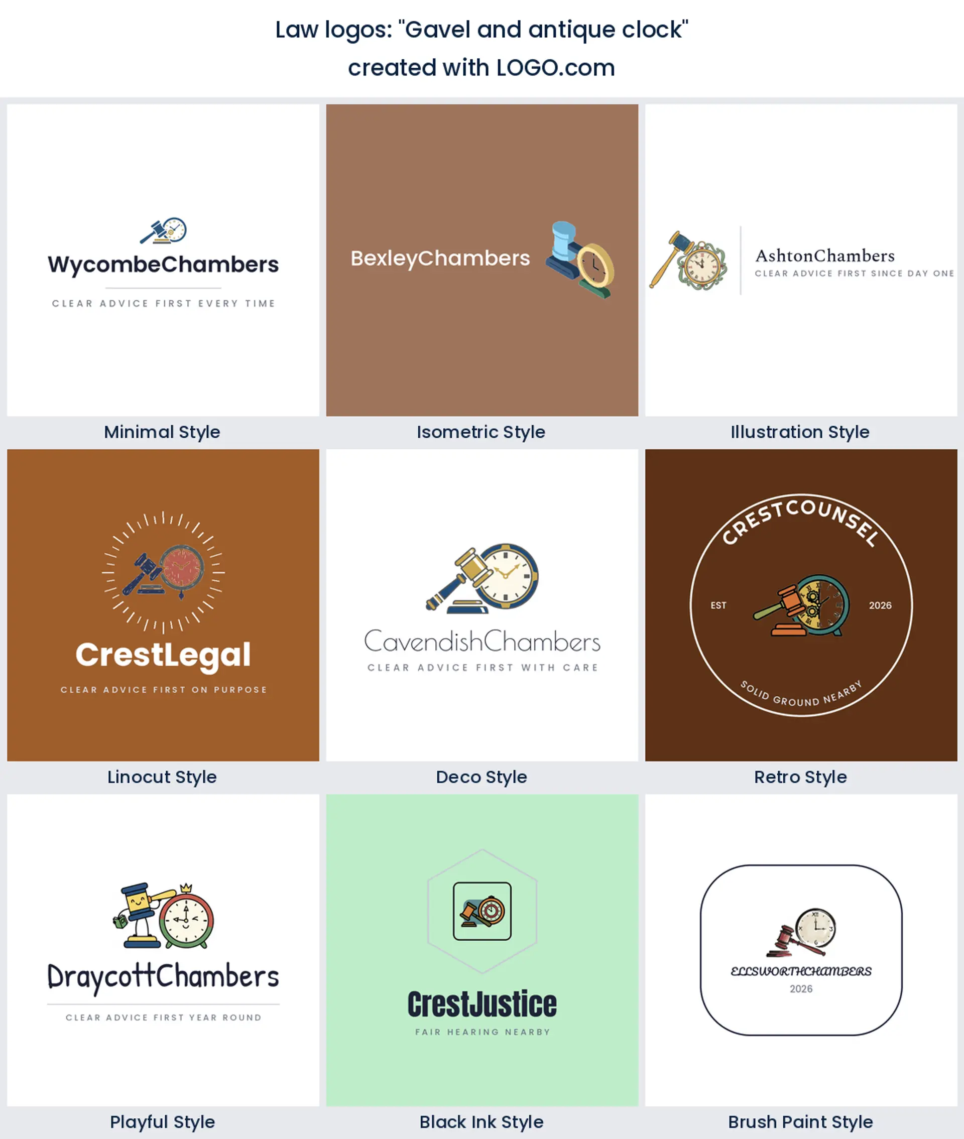A gavel beside an antique clock drawn across nine logo styles