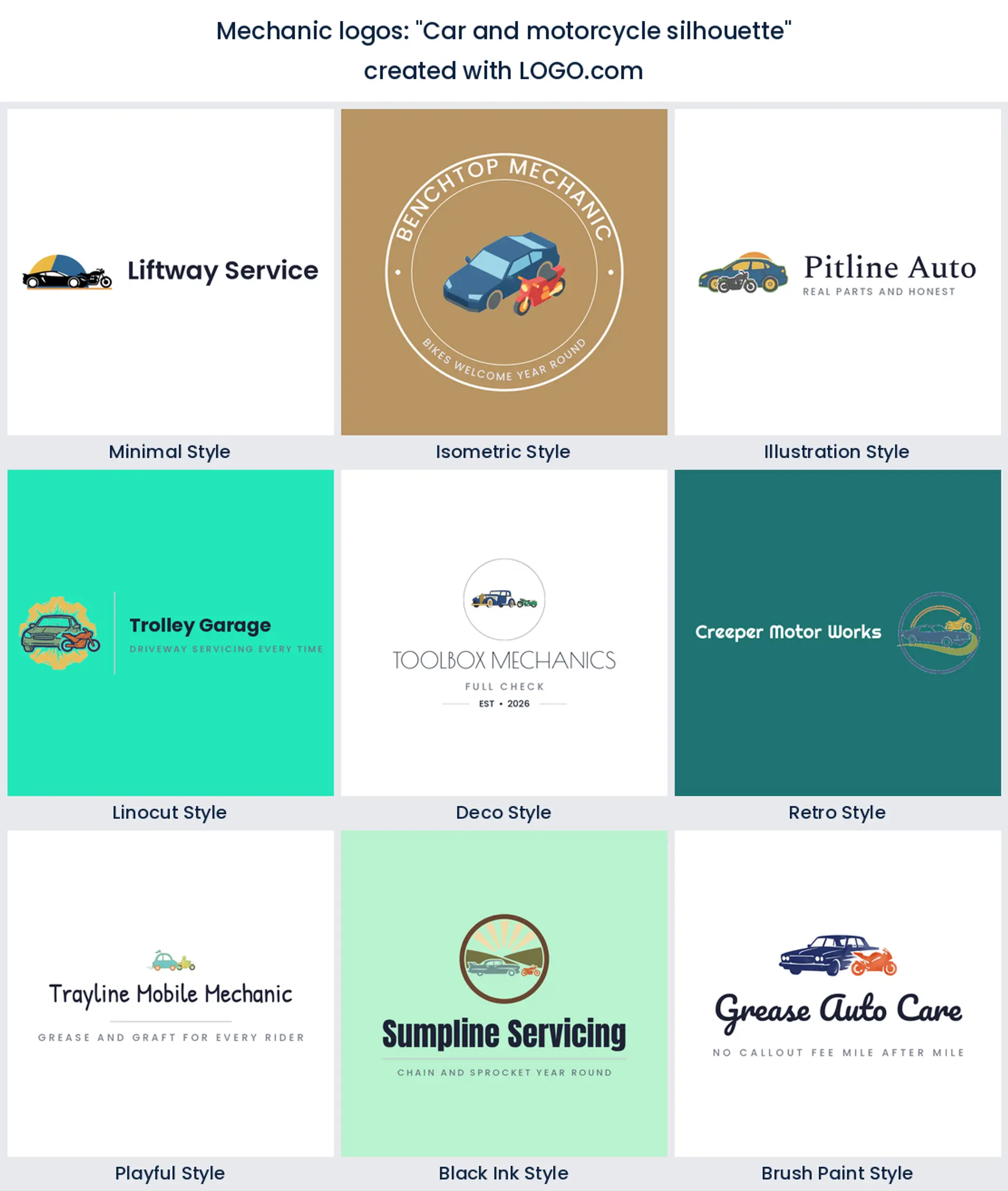 Car and motorcycle silhouette mechanic logo in nine styles