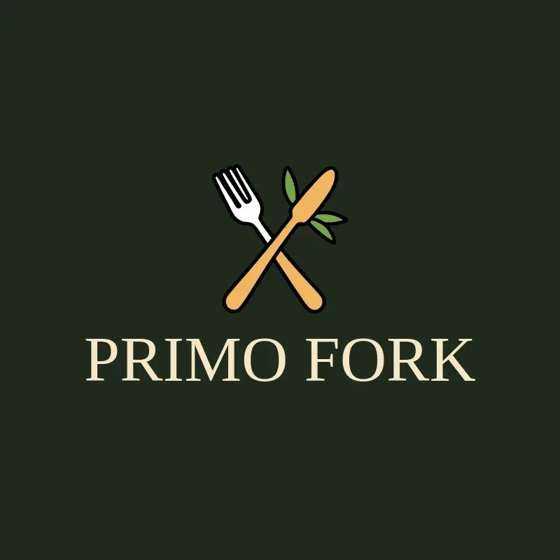 The Italian restaurant name Primo Fork as a branded logo with a color icon