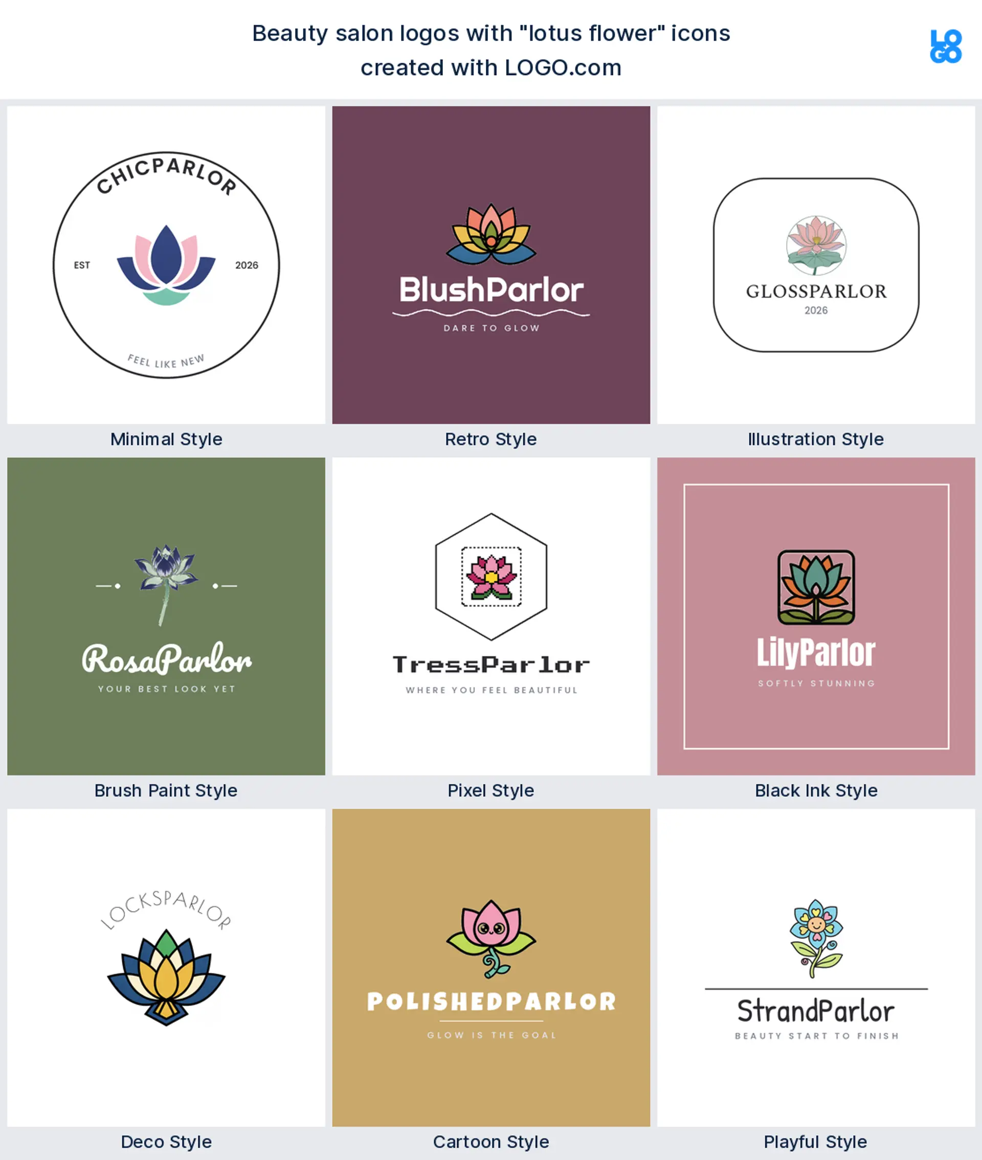 Lotus flower, cartoon beauty salon logo shown in nine LOGO.com styles