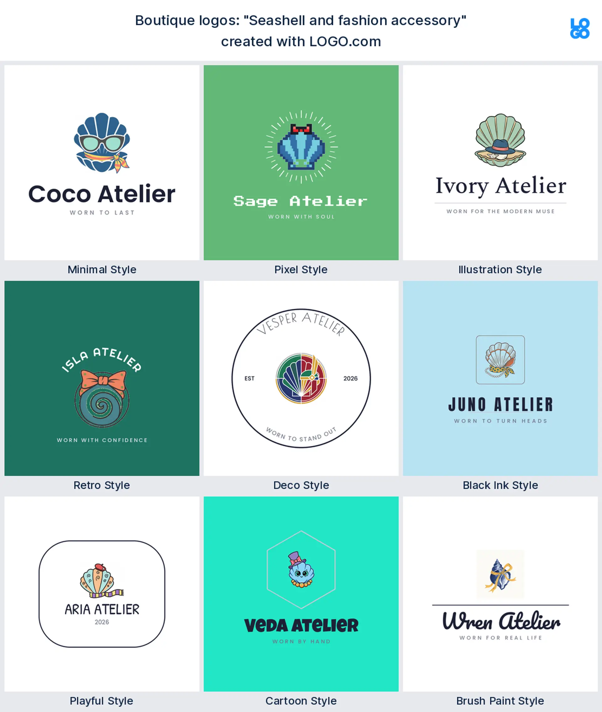 The Seashell and fashion accessory boutique logo idea shown across nine LOGO.com styles