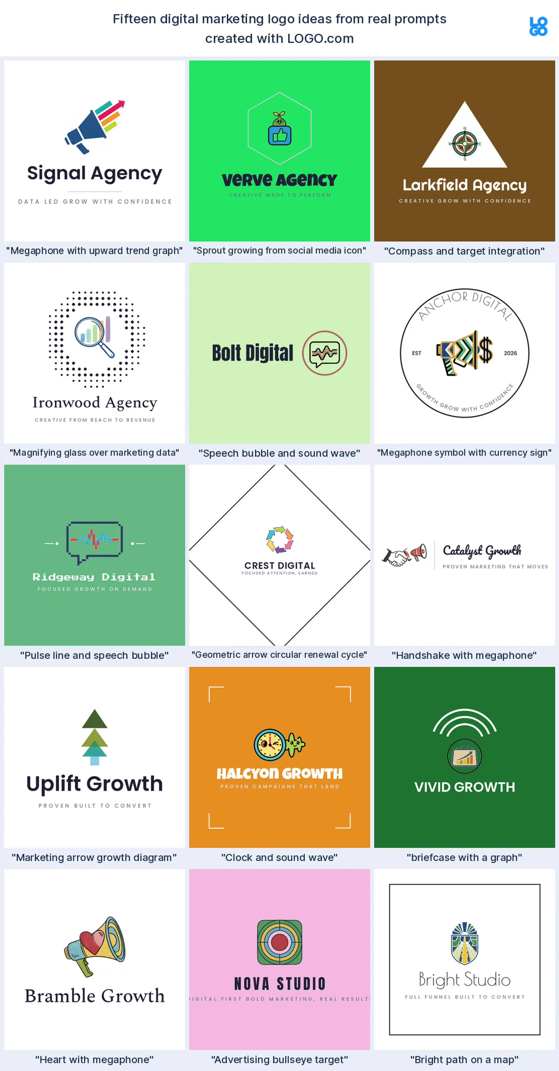 Fifteen digital marketing logo ideas from real founder prompts, shown across nine styles