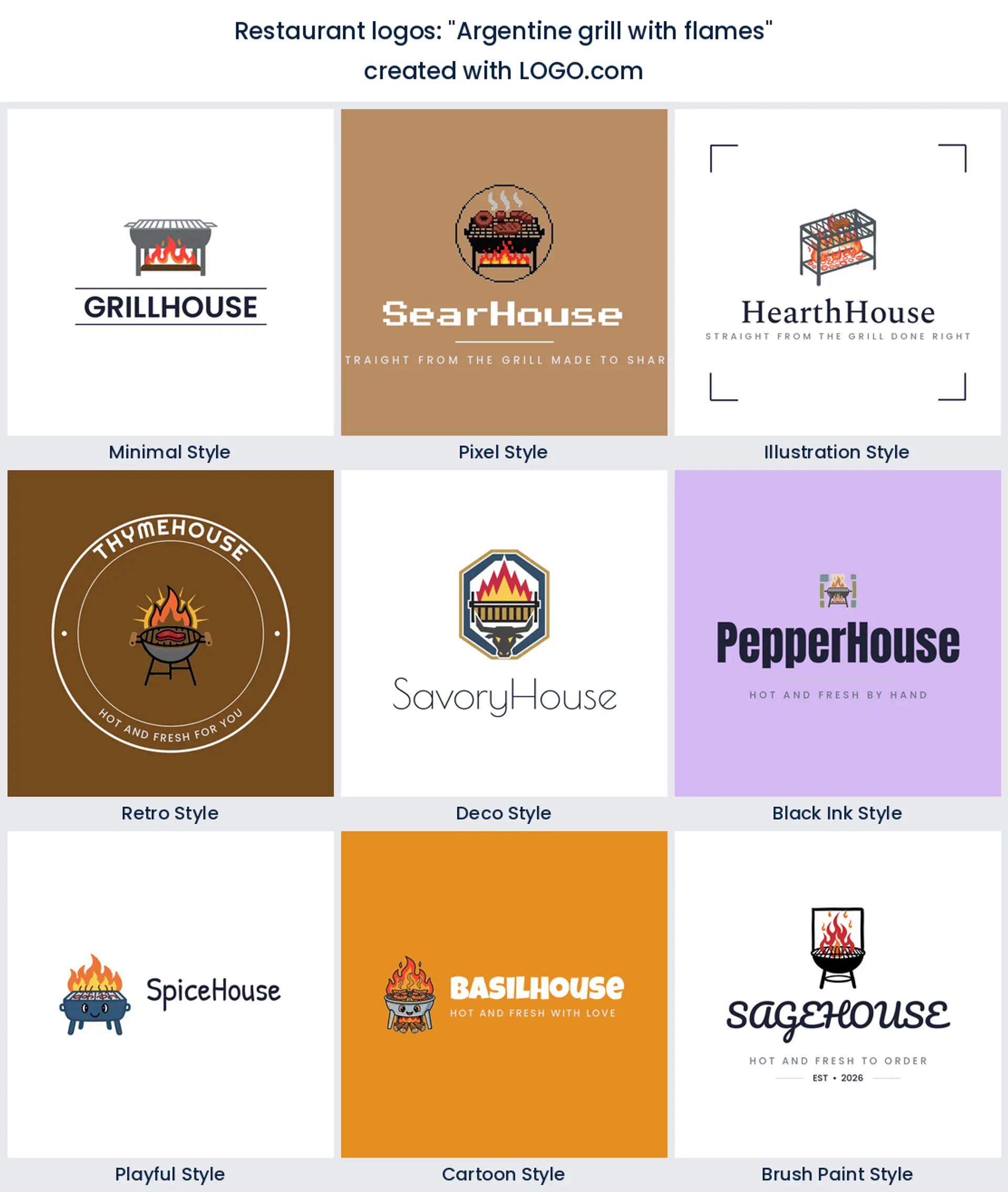 Argentine grill with flames restaurant logo in nine styles.