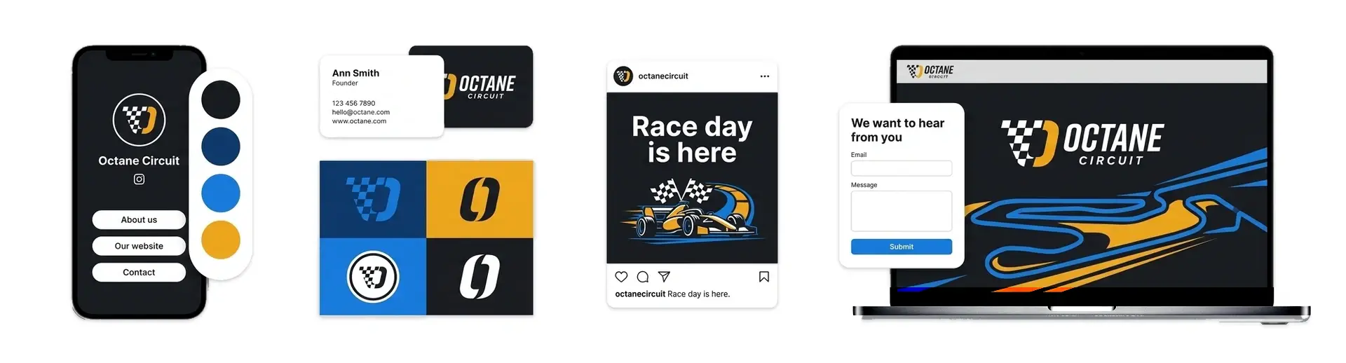 Racing logo branding for Octane Circuit shown on a phone, business cards, an Instagram post and a laptop.