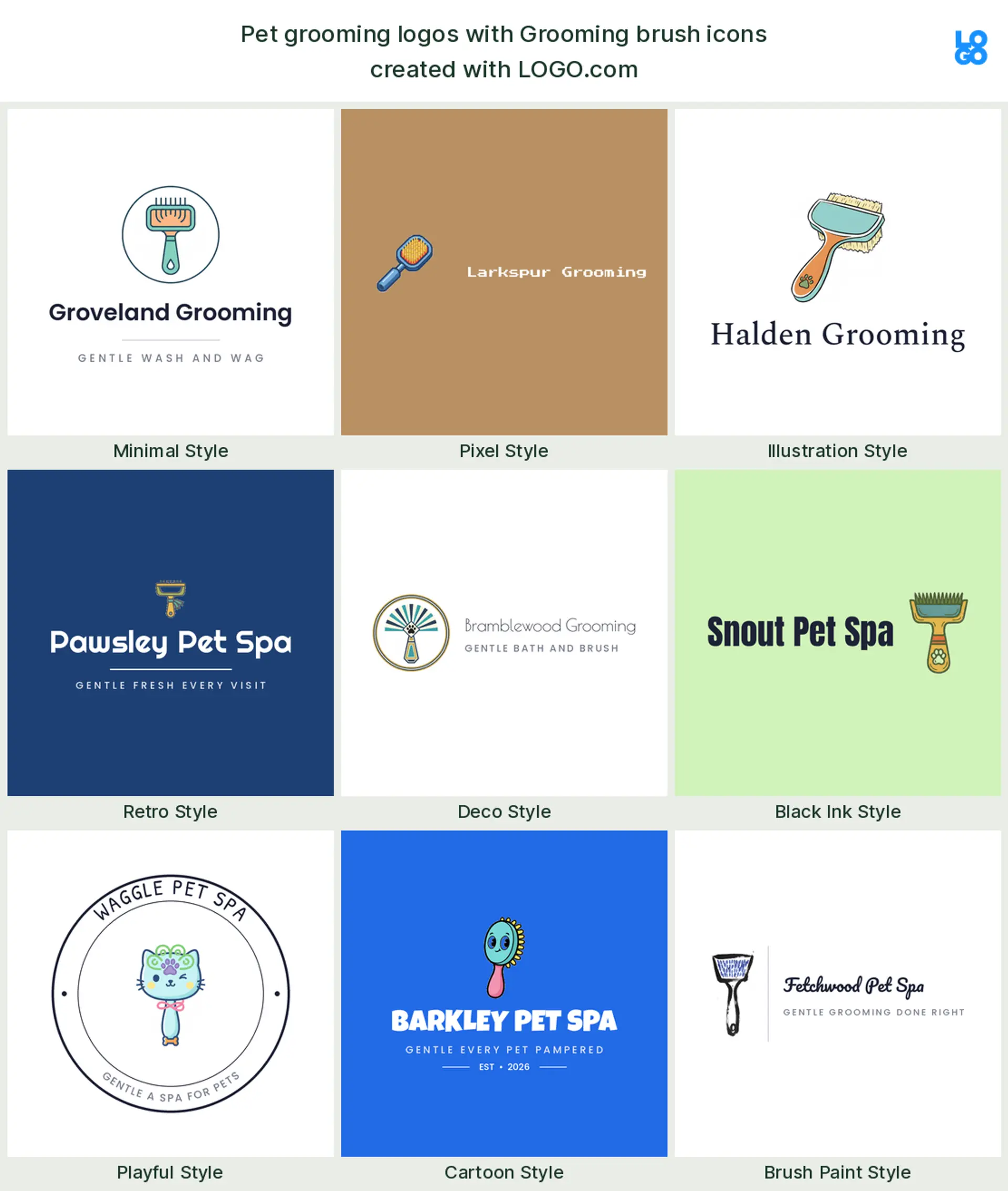 Grooming brush, a popular pet grooming logo symbol, shown across nine styles on LOGO.com
