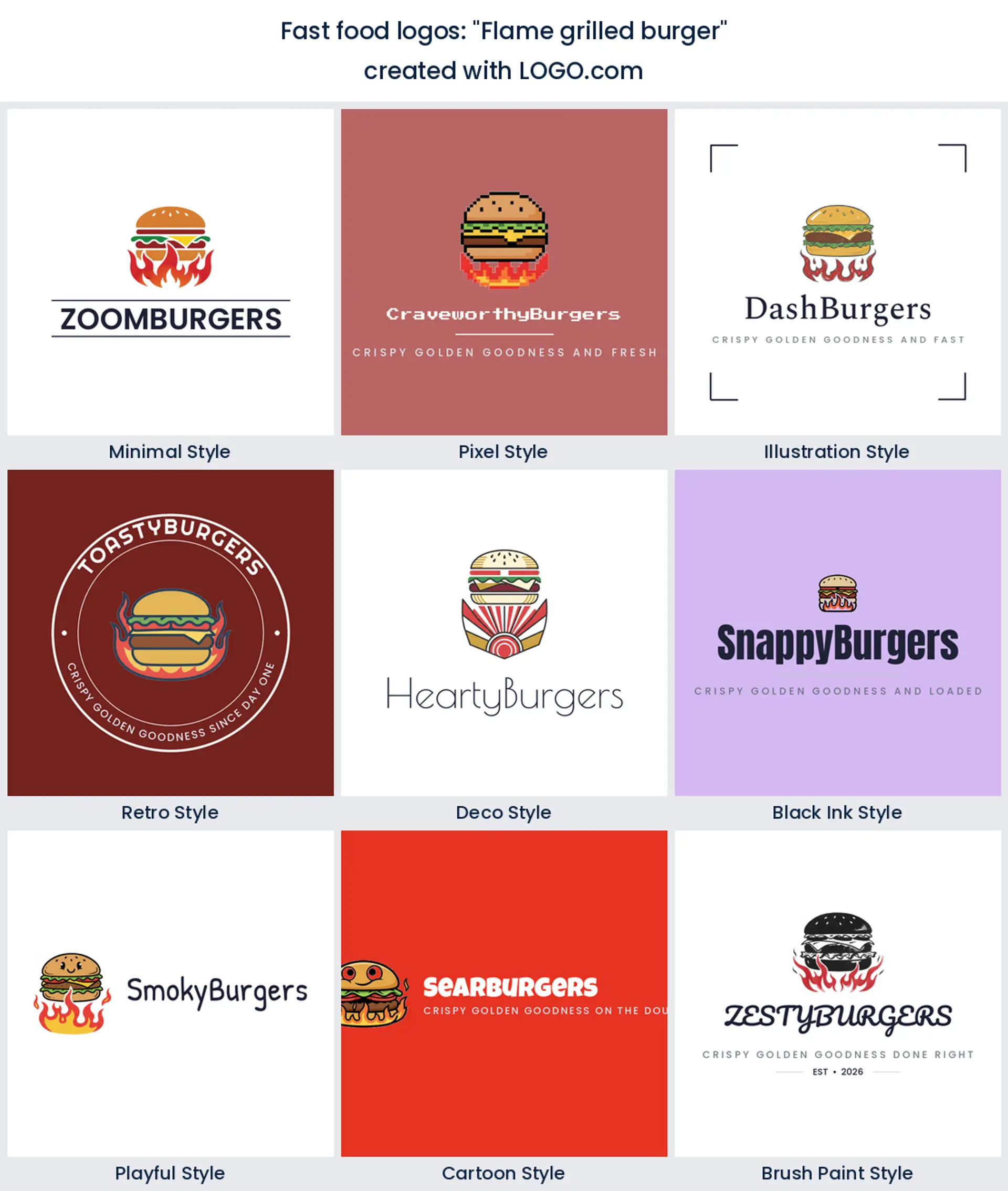 Flame grilled burger logo in nine styles.