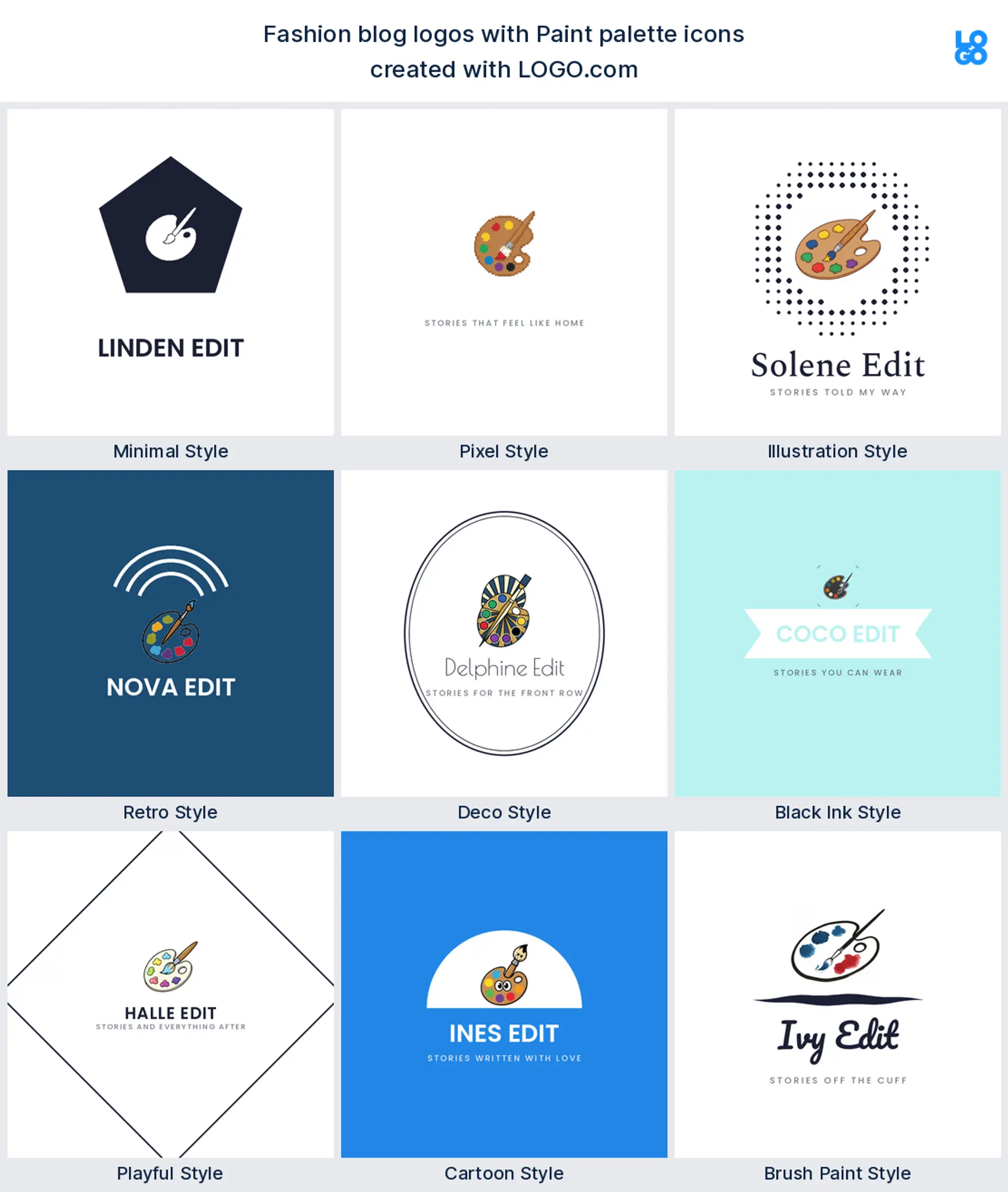 The paint palette icon shown as a blog logo across nine LOGO.com styles