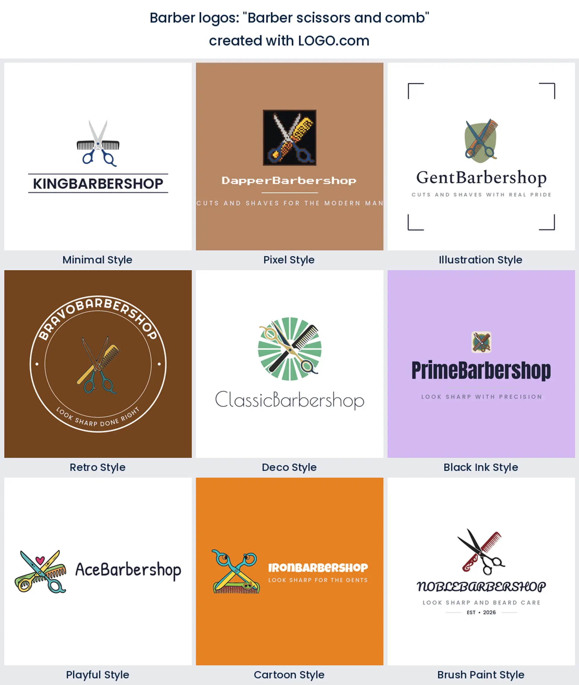 Barber scissors and comb logo in nine styles.