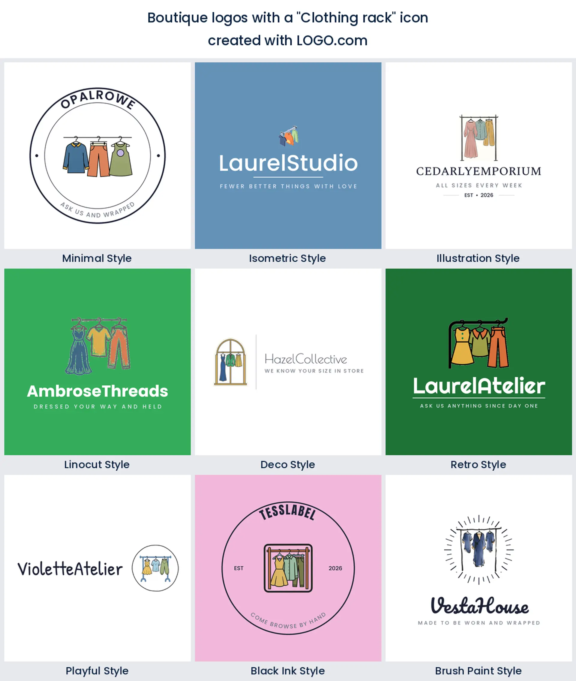 Clothing rack boutique logo shown in nine LOGO.com styles