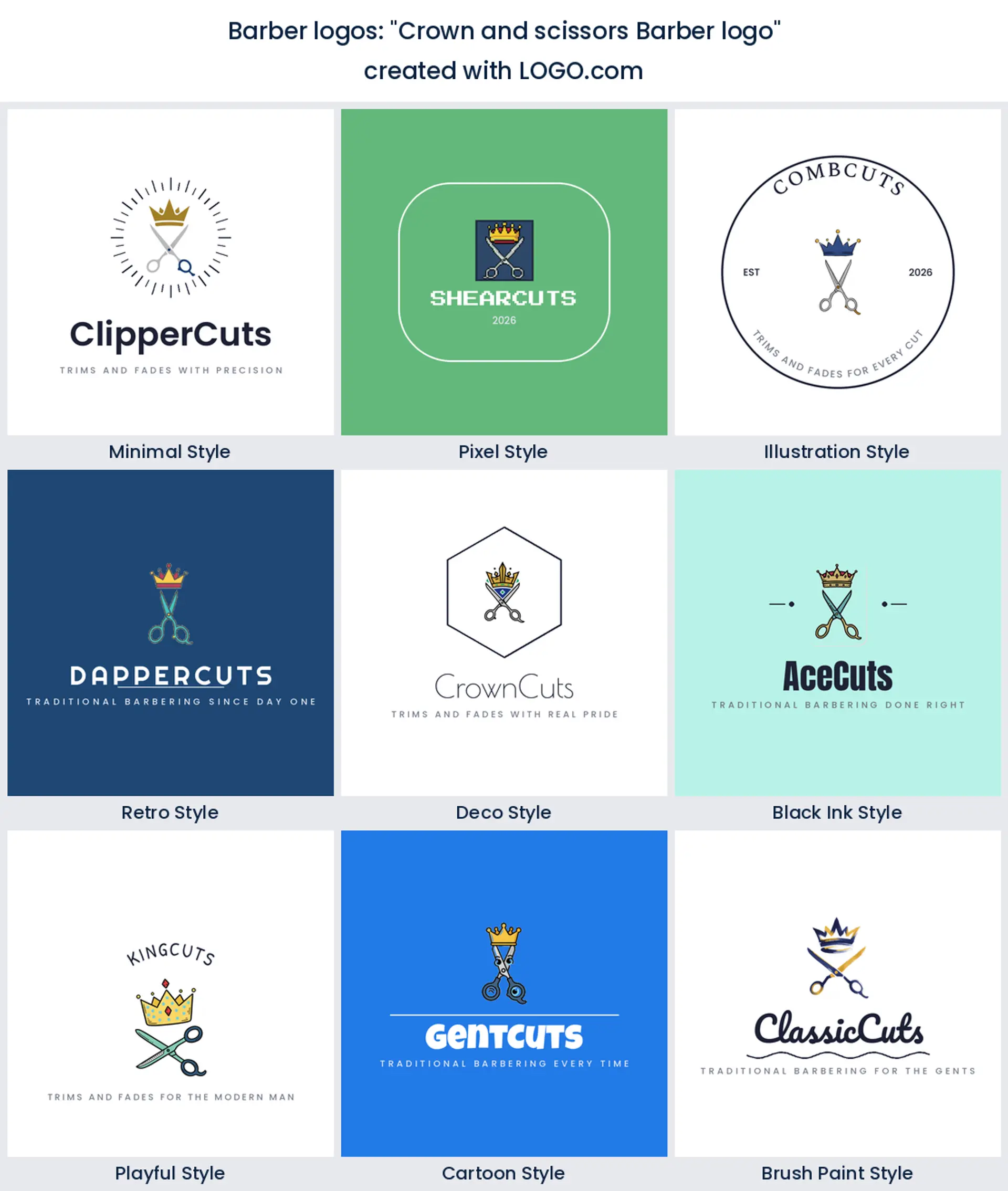 Crown and scissors barber logo in nine styles.