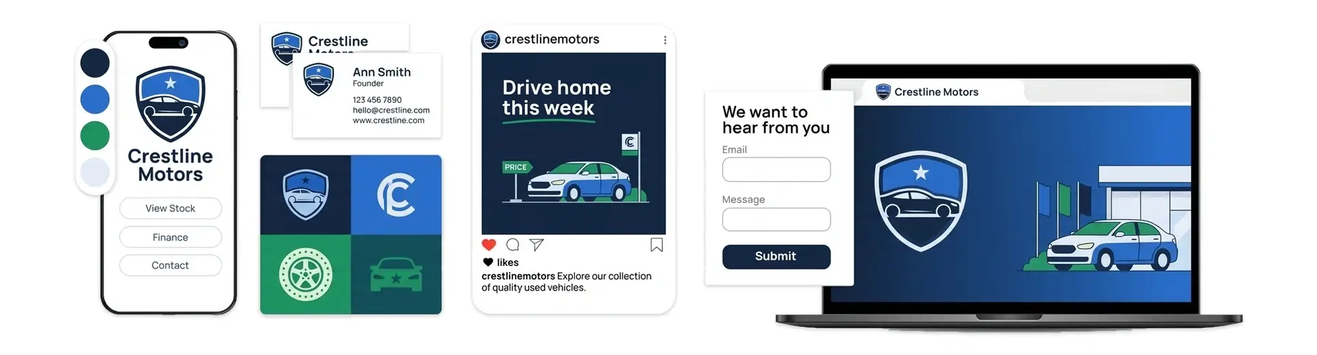 Automotive logo and brand kit for Crestline Motors shown on a phone, business cards, a social post, and a website
