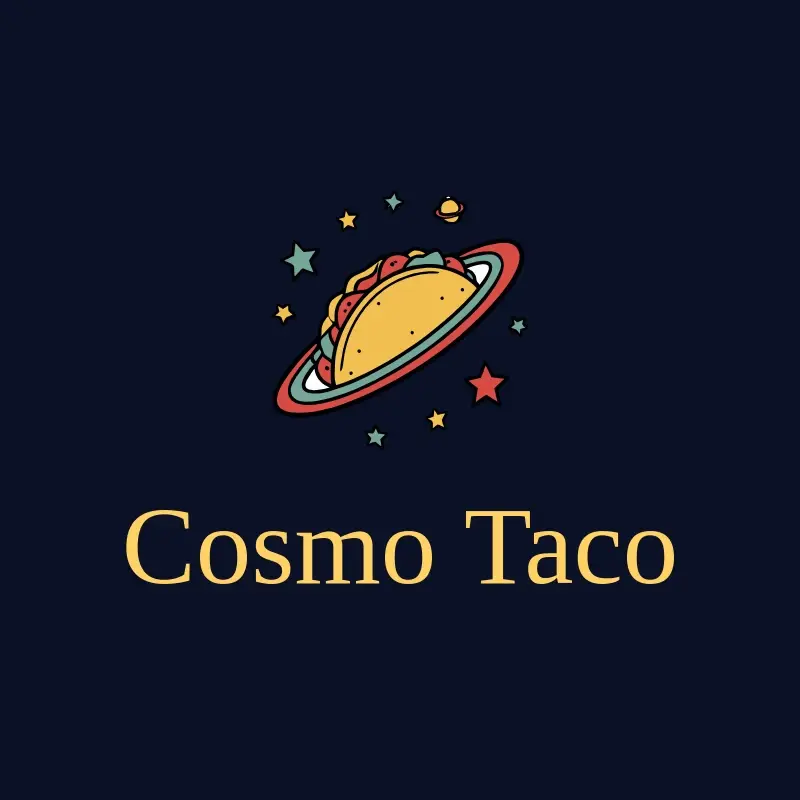 The Mexican restaurant name Cosmo Taco as a branded logo with a color icon