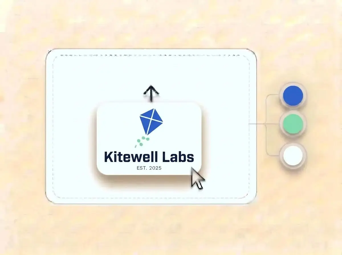 Kitewell Labs logo, a cobalt blue kite with a mint green tail on a white card, dropped into the LOGO.com upload box with its colors split into swatches