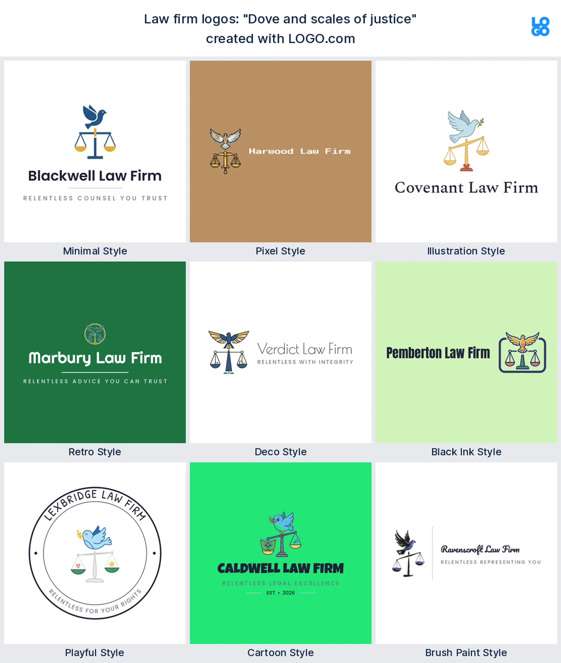 The "Dove and scales of justice" legal logo idea, shown across nine styles on LOGO.com