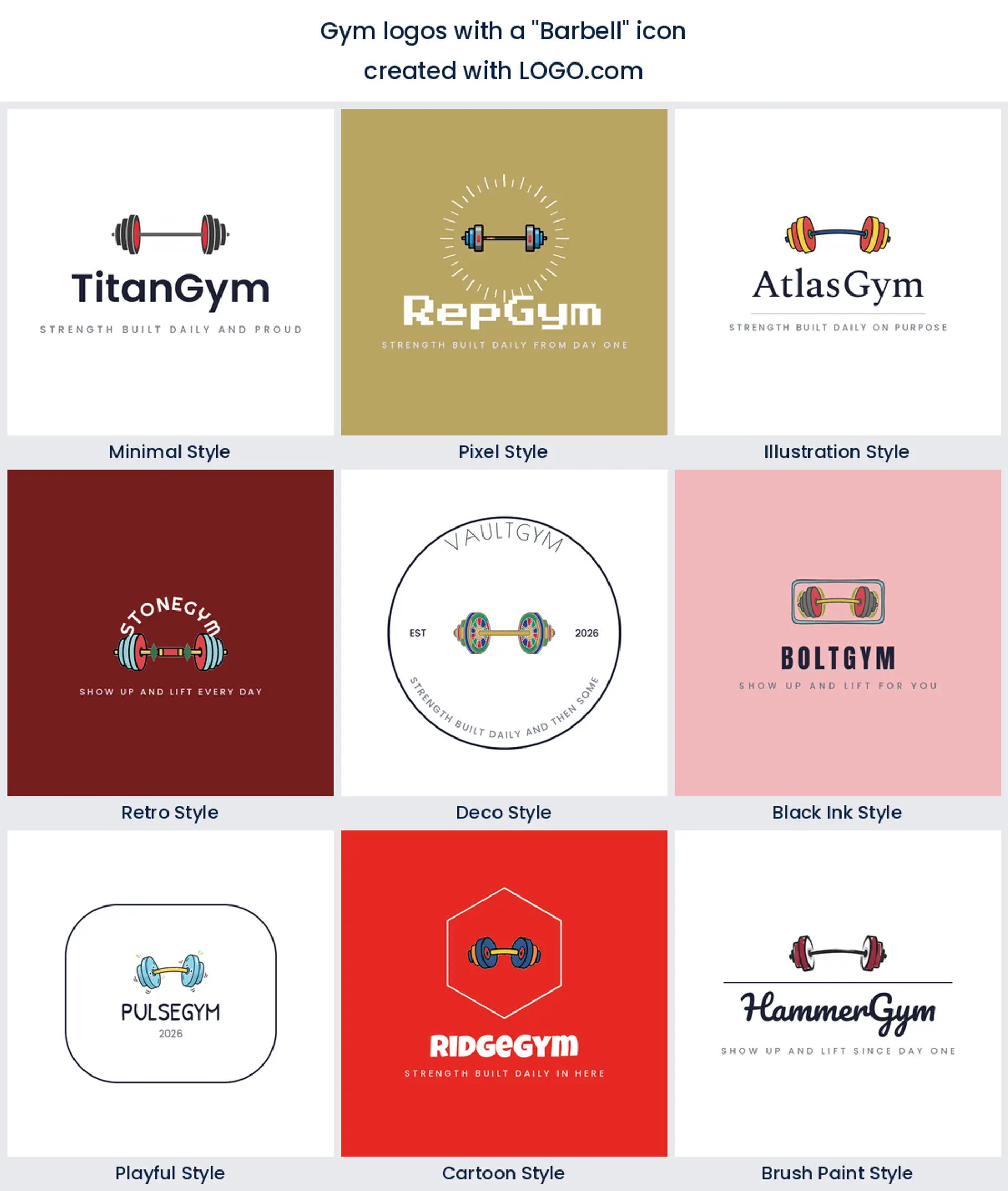 Barbell gym logo shown across nine LOGO.com styles