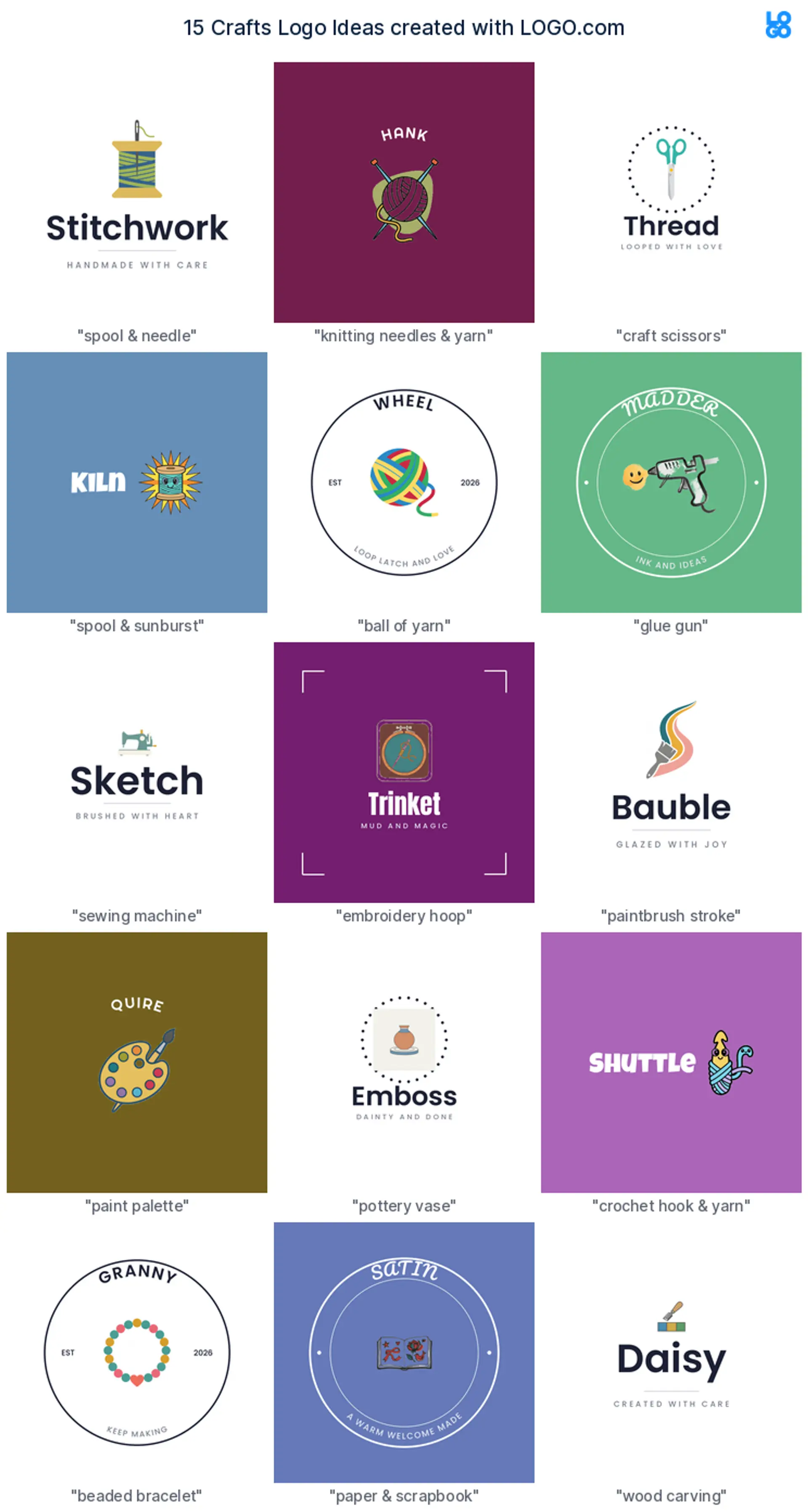 Fifteen craft logo ideas shown across nine LOGO.com styles