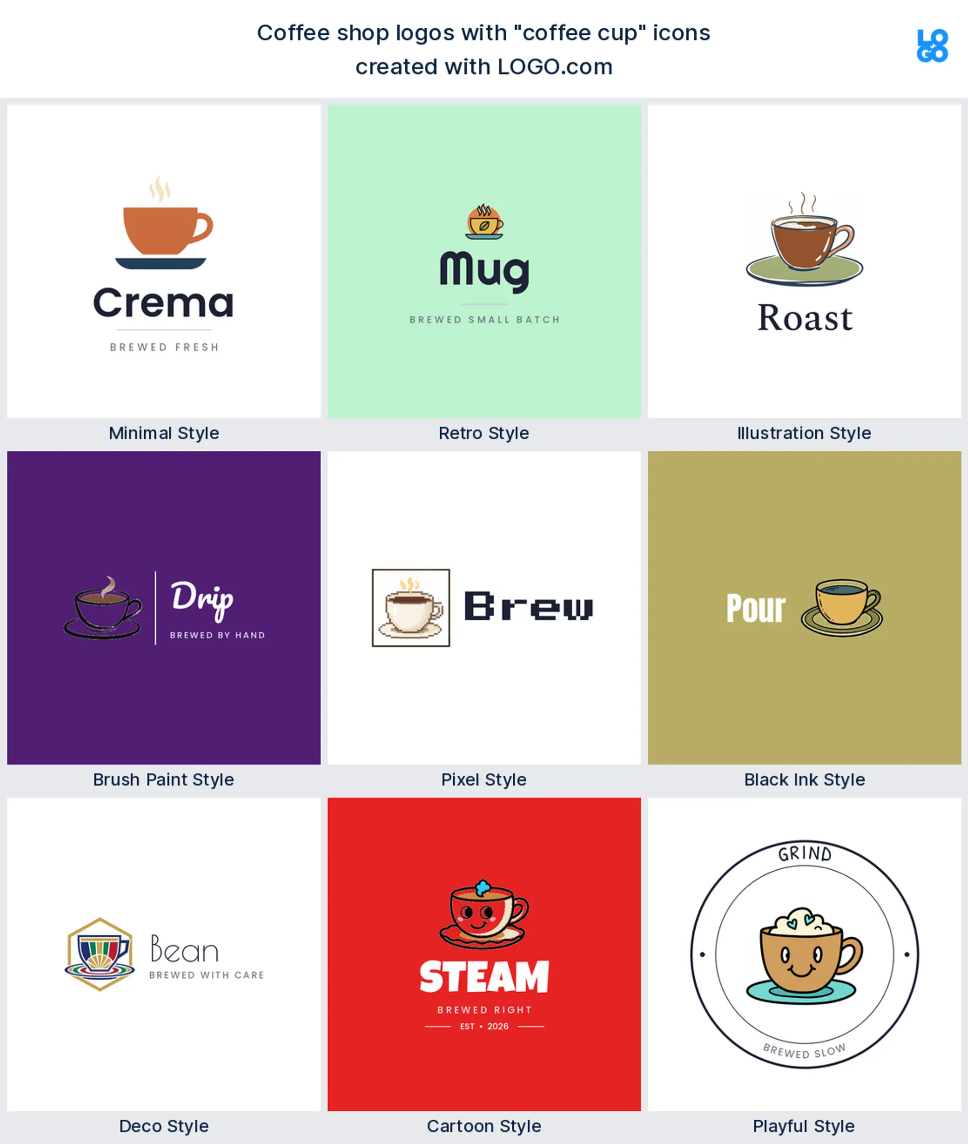 Coffee cup logo shown in nine LOGO.com styles