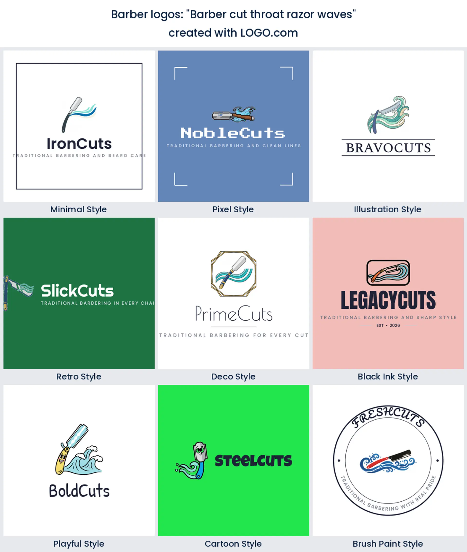 Cut throat razor and waves logo in nine styles.