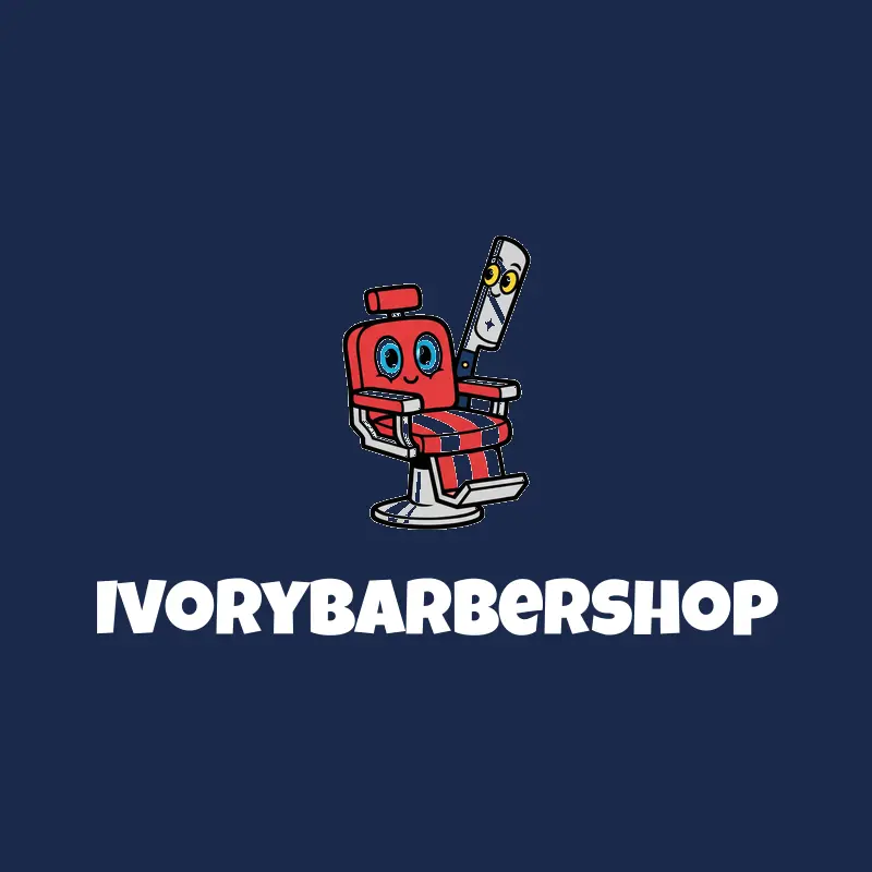 A cartoon barber chair and razor logo on a navy background.