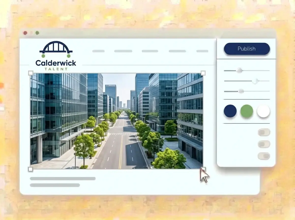 Editing the Calderwick Talent website with a sunny city office street photo selected, the style panel open and the navy Publish button ready