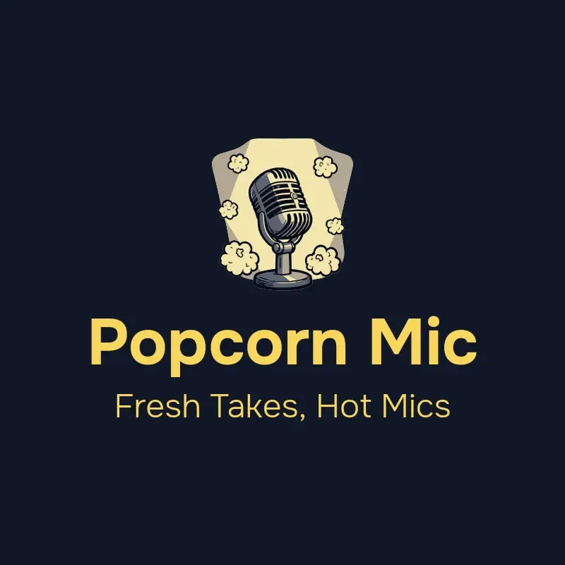 The podcast name Popcorn Mic as a branded logo with a color icon