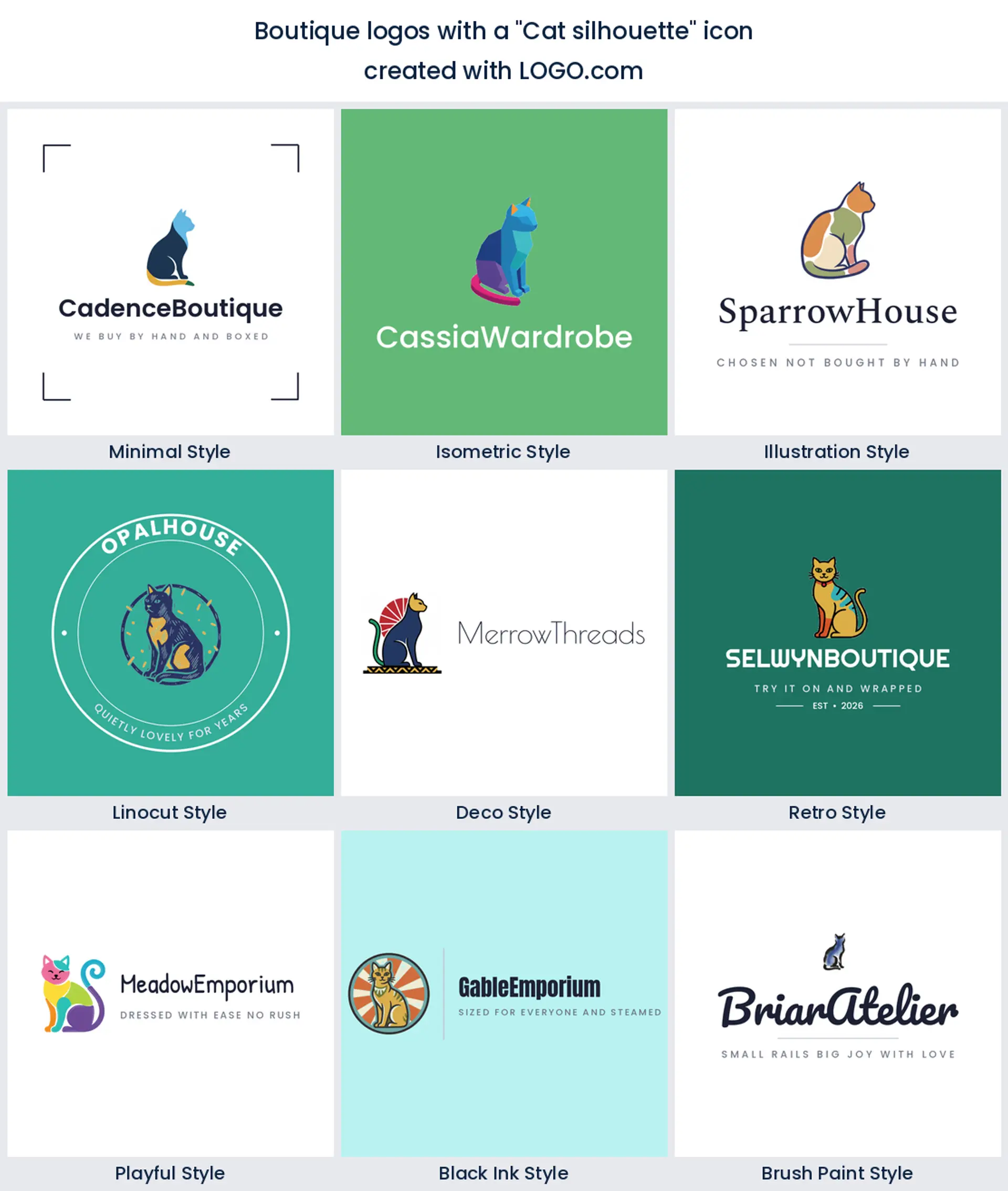 Cat silhouette boutique logo shown in nine LOGO.com styles