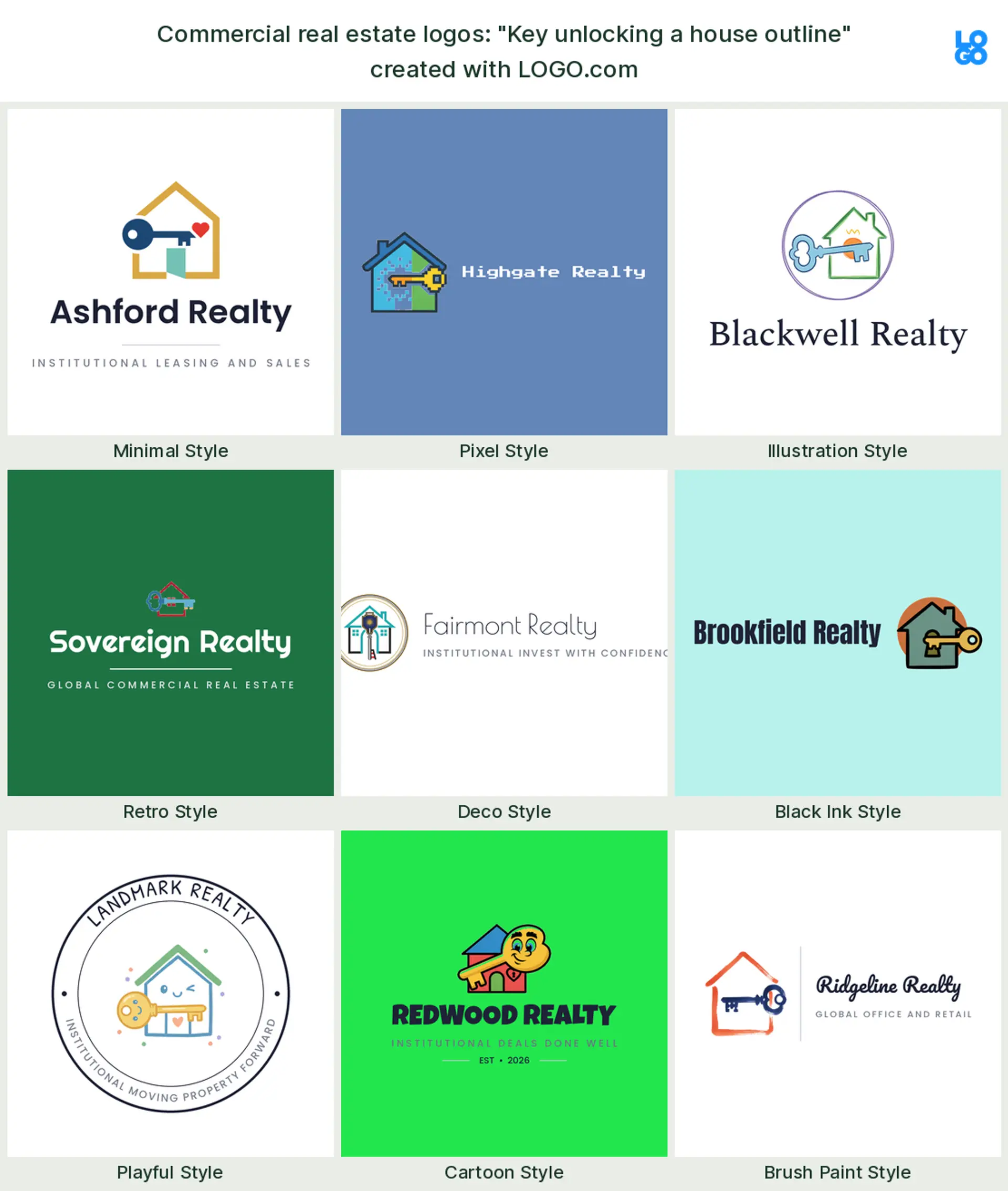 The "Key unlocking a house outline" commercial real estate logo idea, shown across nine styles on LOGO.com