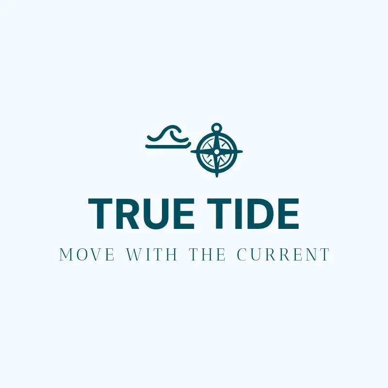 The boat name True Tide as a branded logo with a single color icon