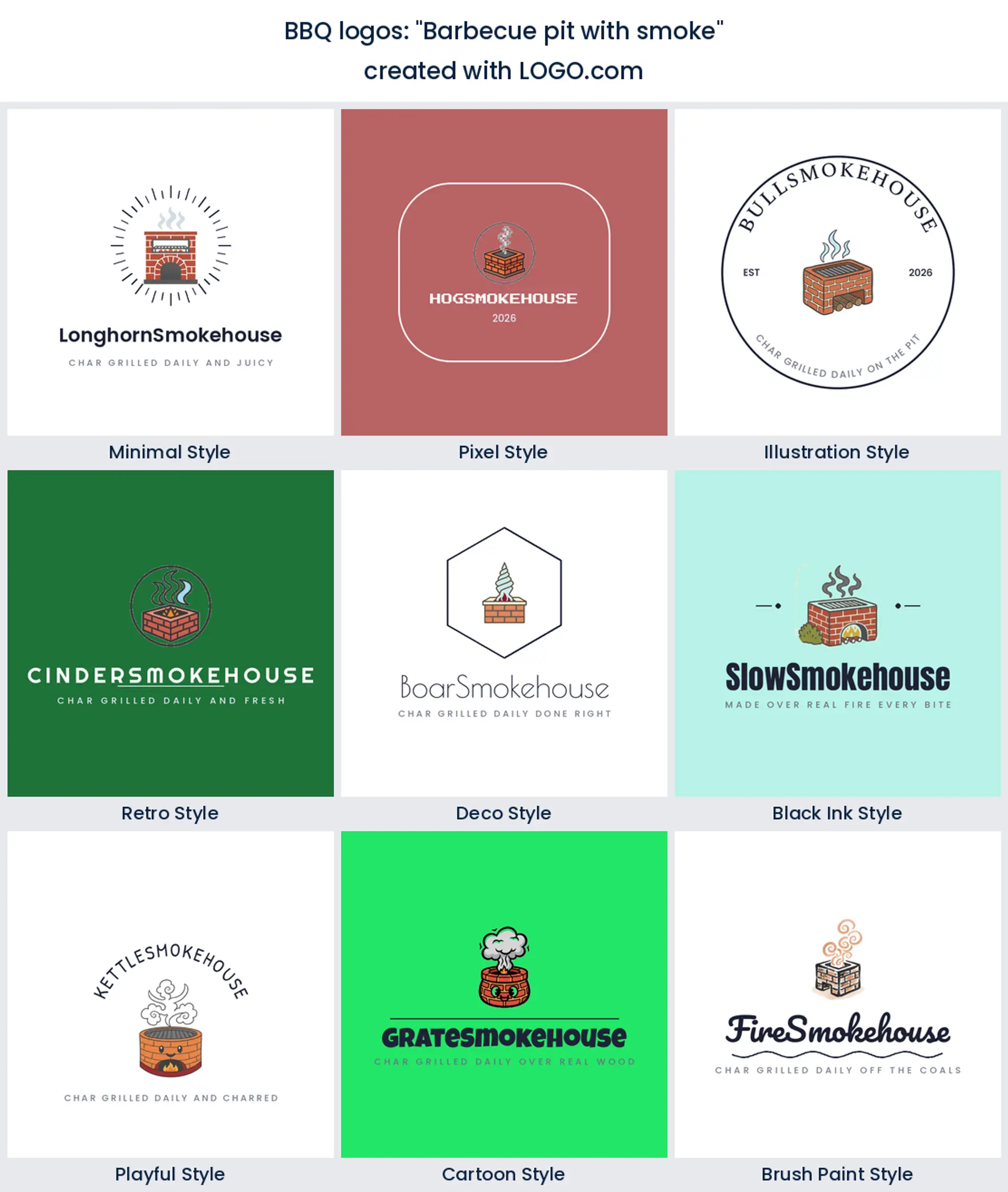 Barbecue pit with smoke logo in nine styles.