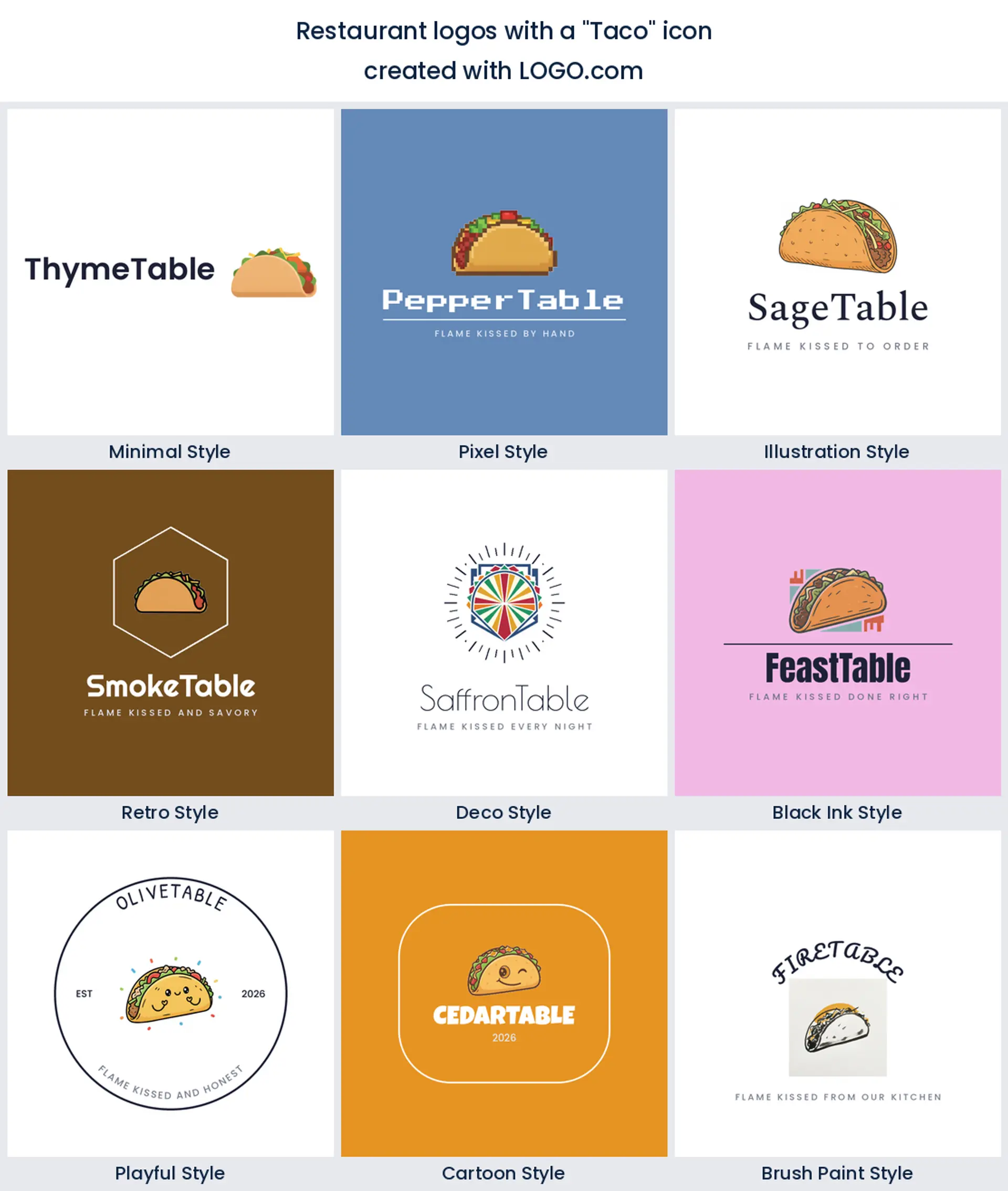 Taco restaurant logo shown in nine LOGO.com styles.