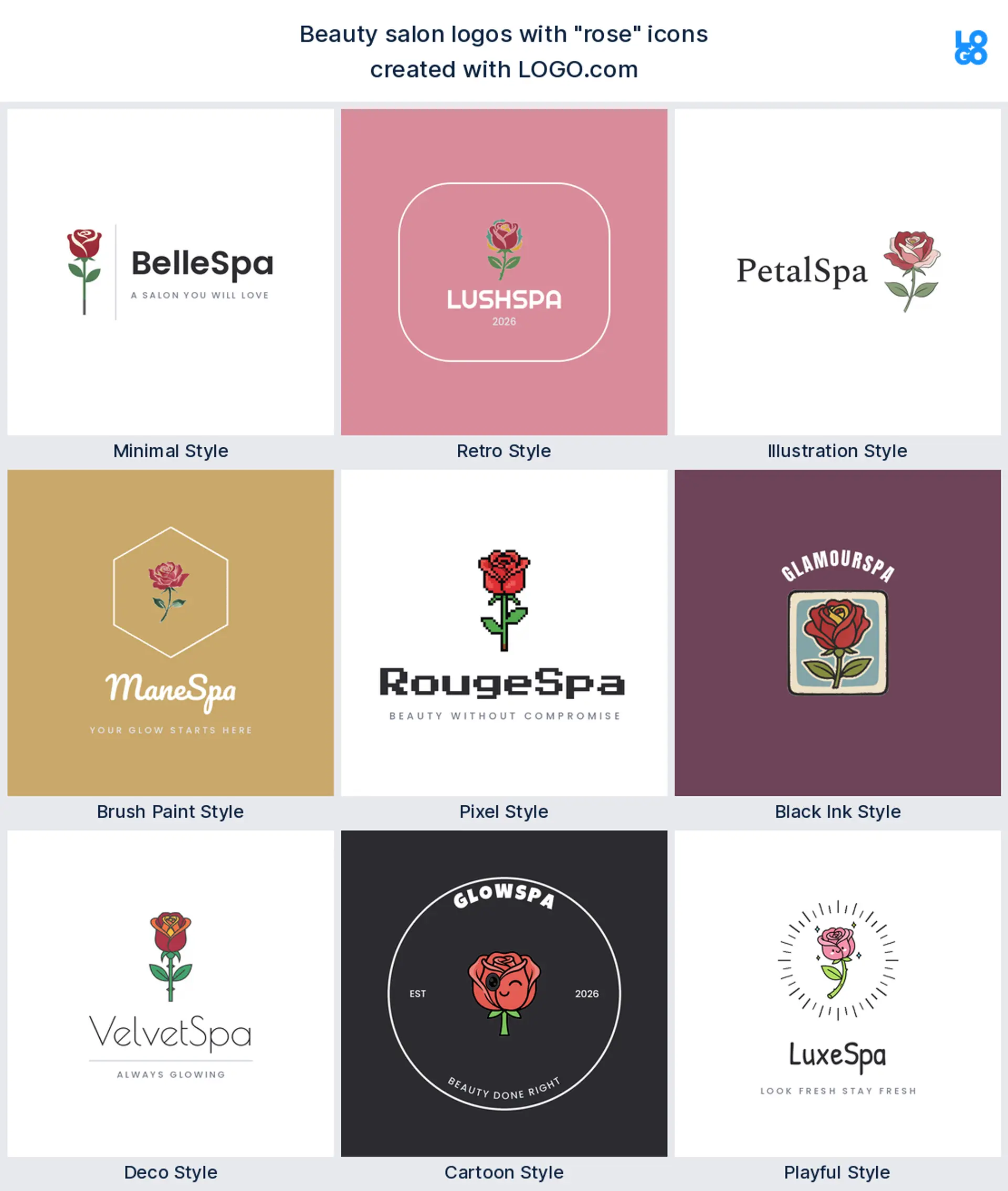 Rose, minimal beauty salon logo shown in nine LOGO.com styles