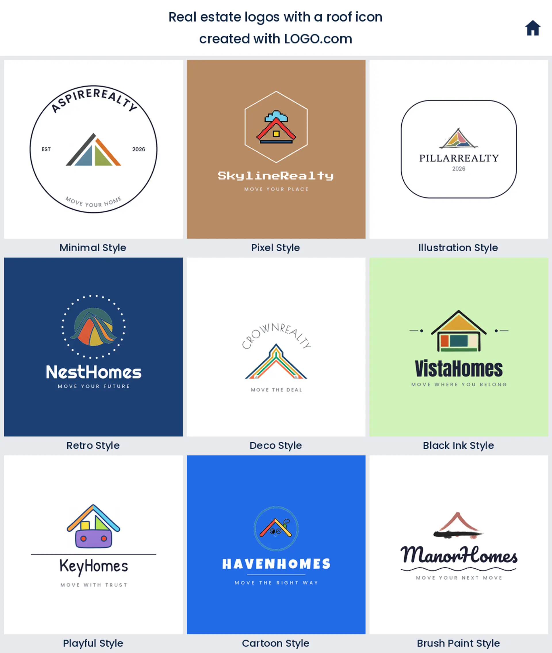 Roofline real estate logo shown in nine LOGO.com styles