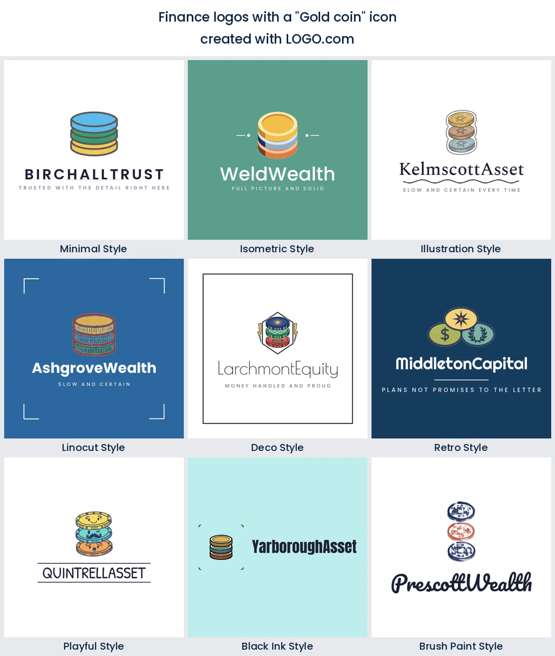 Nine styles of finance company logo built on a stacked gold coin