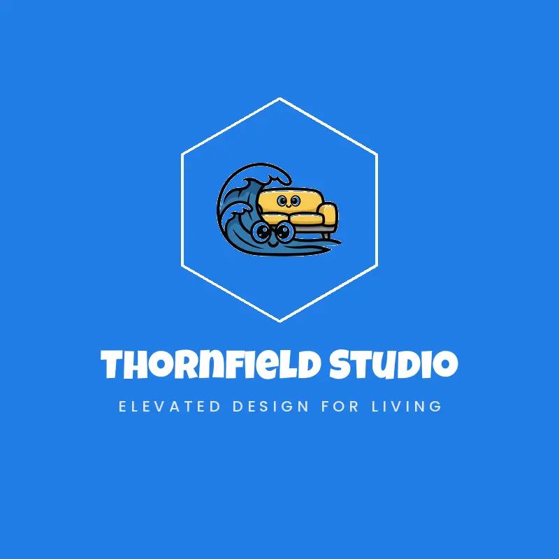 A sofa against ocean waves, a coastal interior design logo in a cartoon style