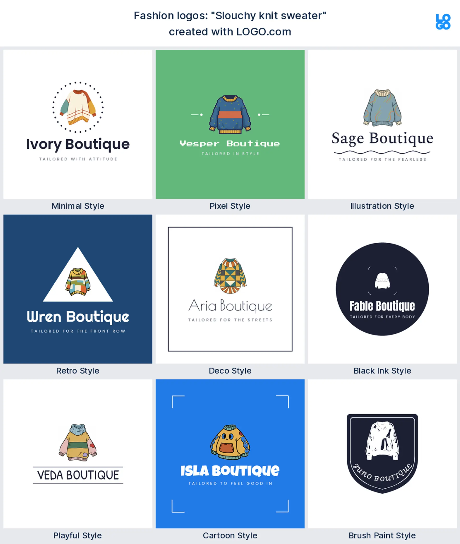 The "Slouchy knit sweater" logo idea shown across nine LOGO.com styles