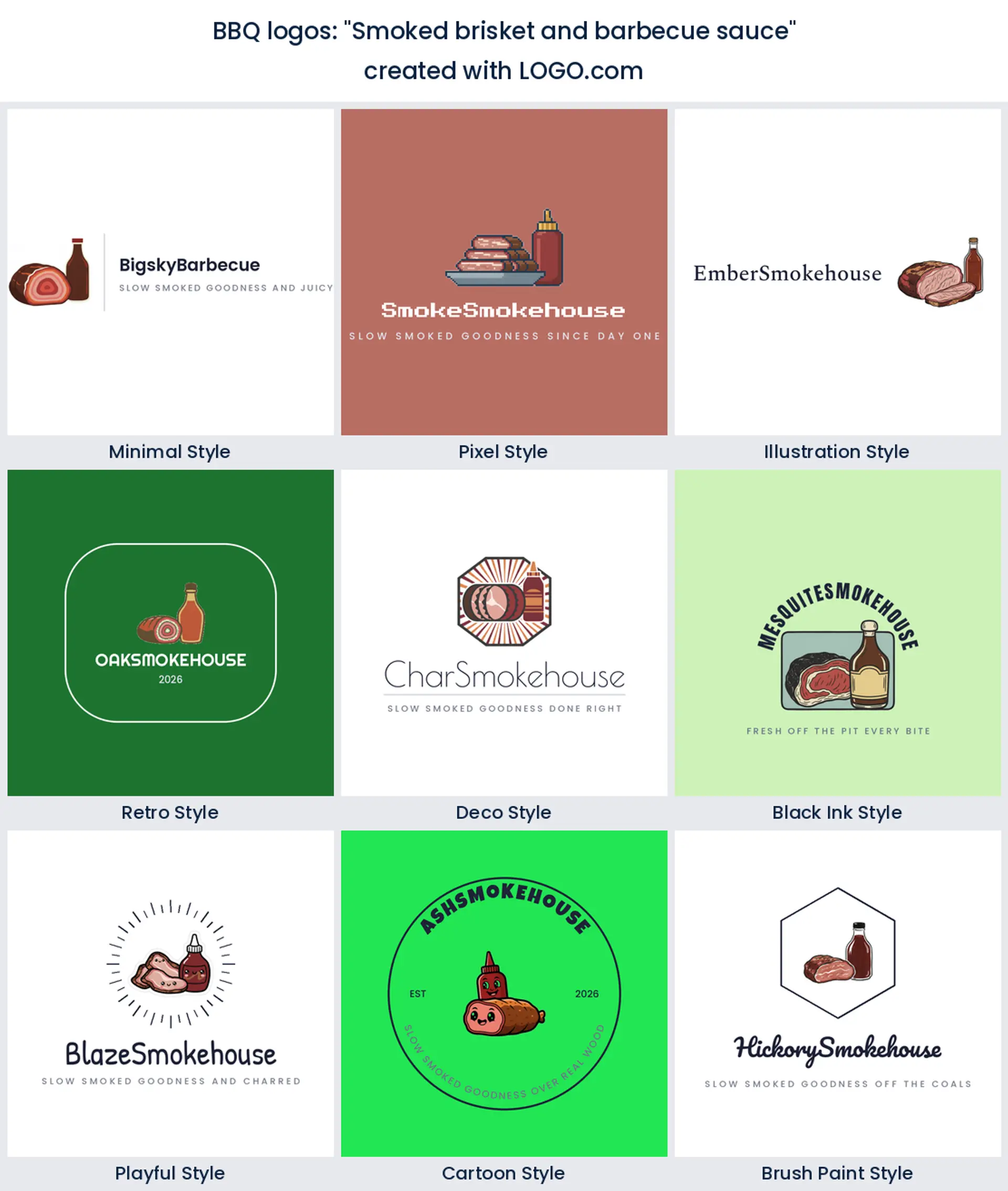 Smoked brisket and barbecue sauce logo in nine styles.