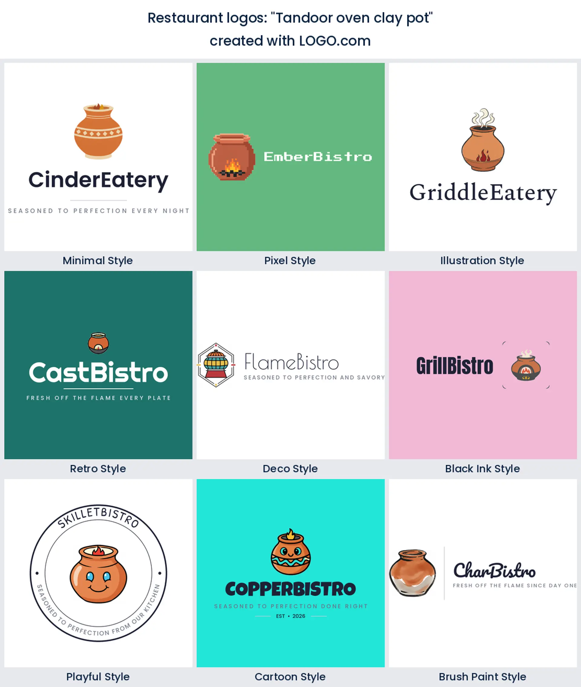 Tandoor oven clay pot restaurant logo in nine styles.