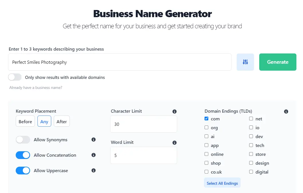 Photography business name generator
