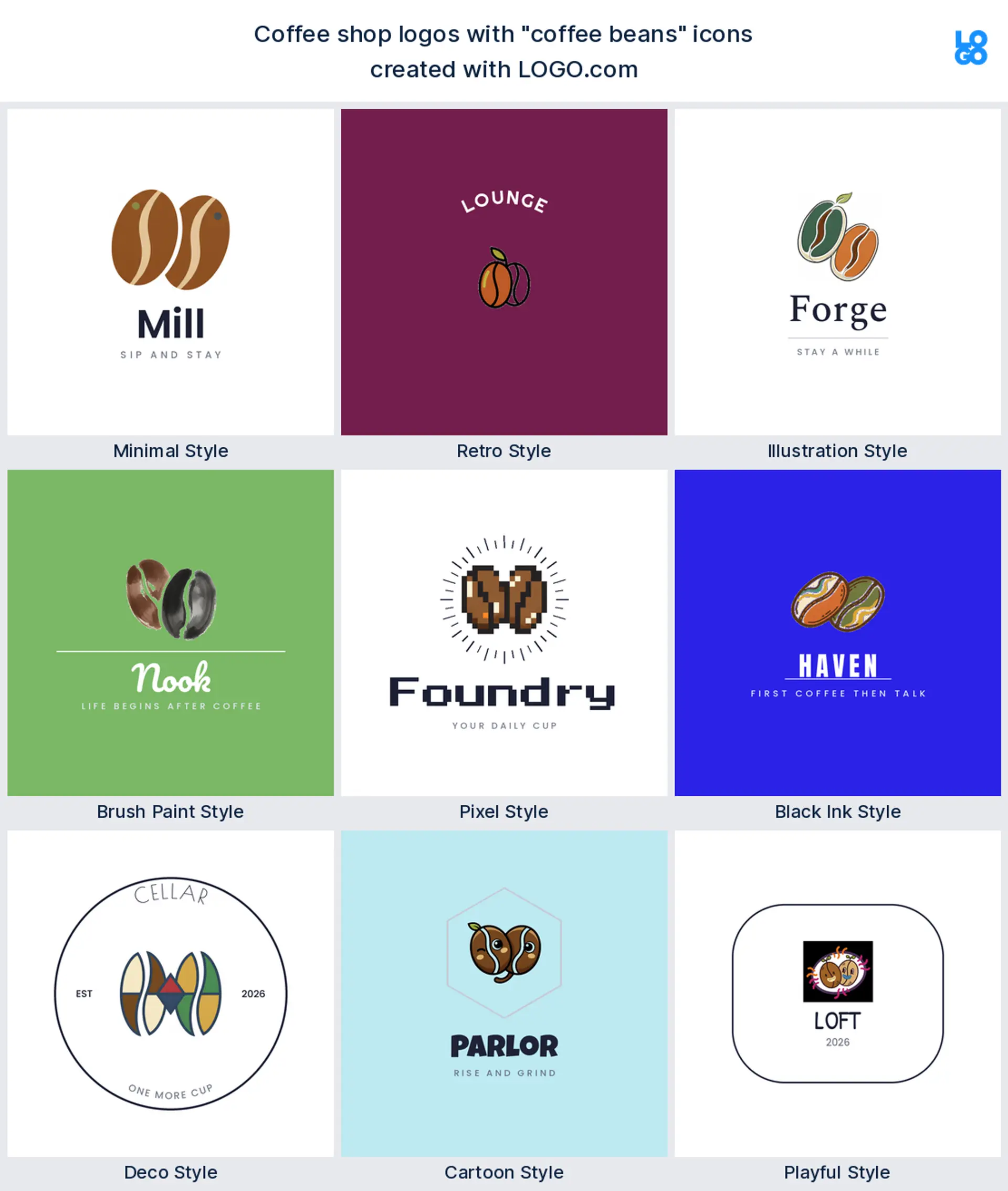 Coffee beans logo shown in nine LOGO.com styles