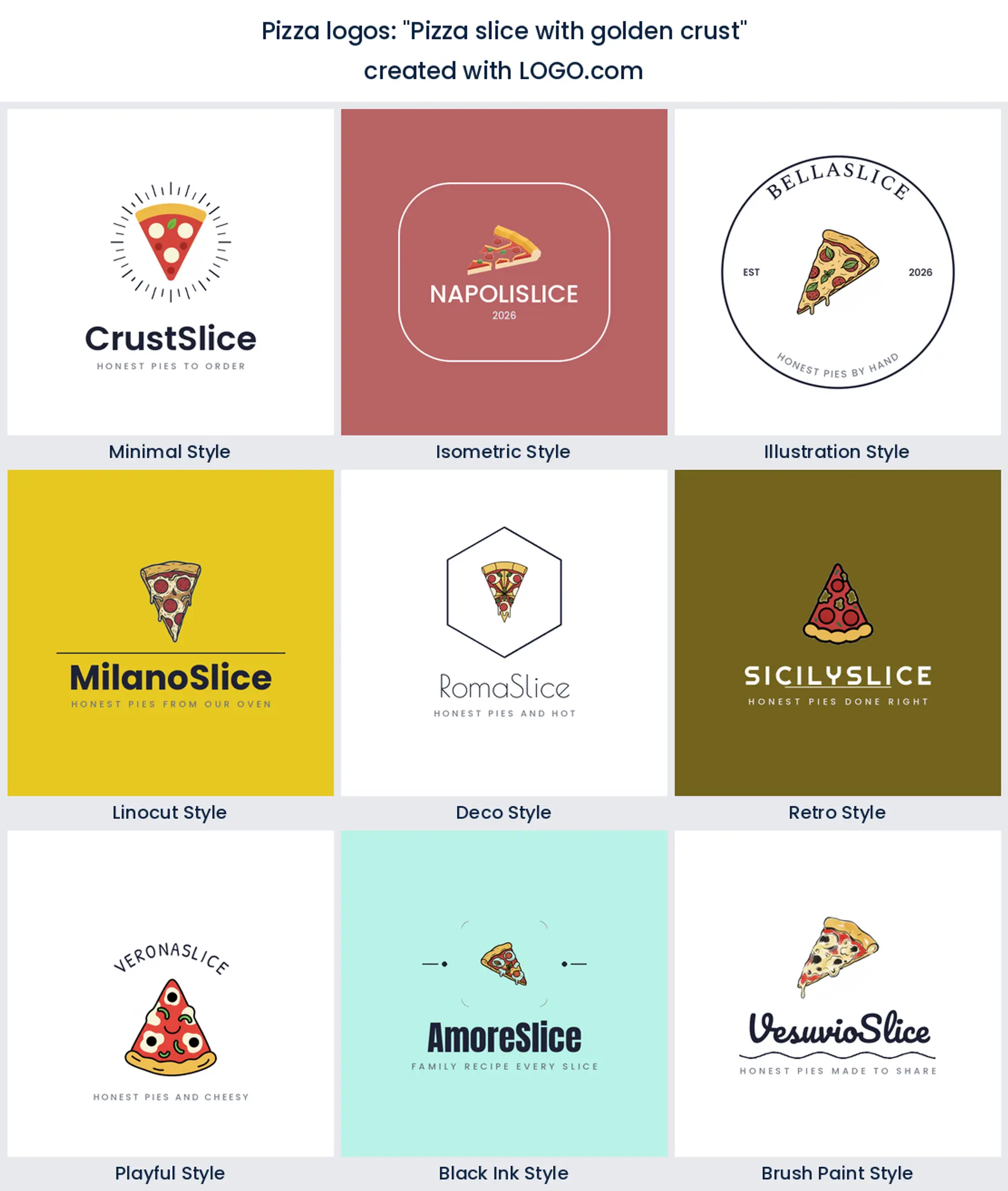 Pizza slice with golden crust logo in nine styles.