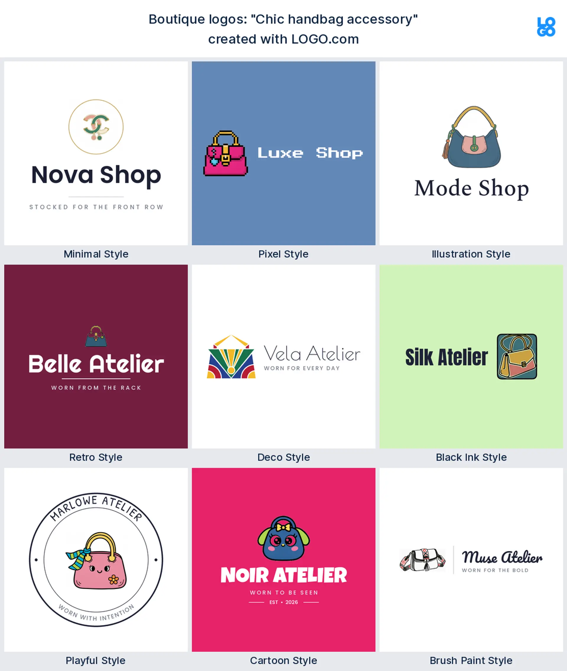 The Chic handbag accessory boutique logo idea shown across nine LOGO.com styles