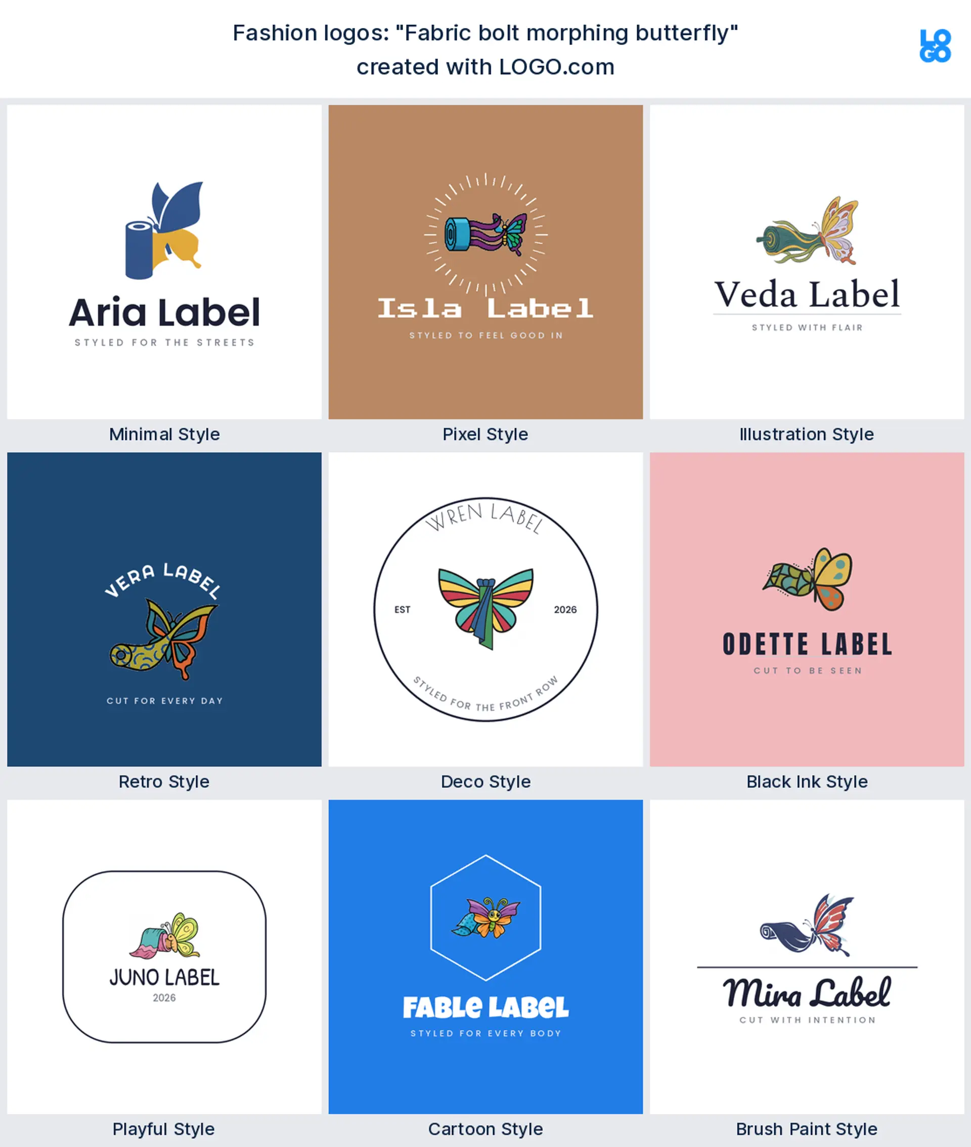 The "Fabric bolt morphing butterfly" logo idea shown across nine LOGO.com styles